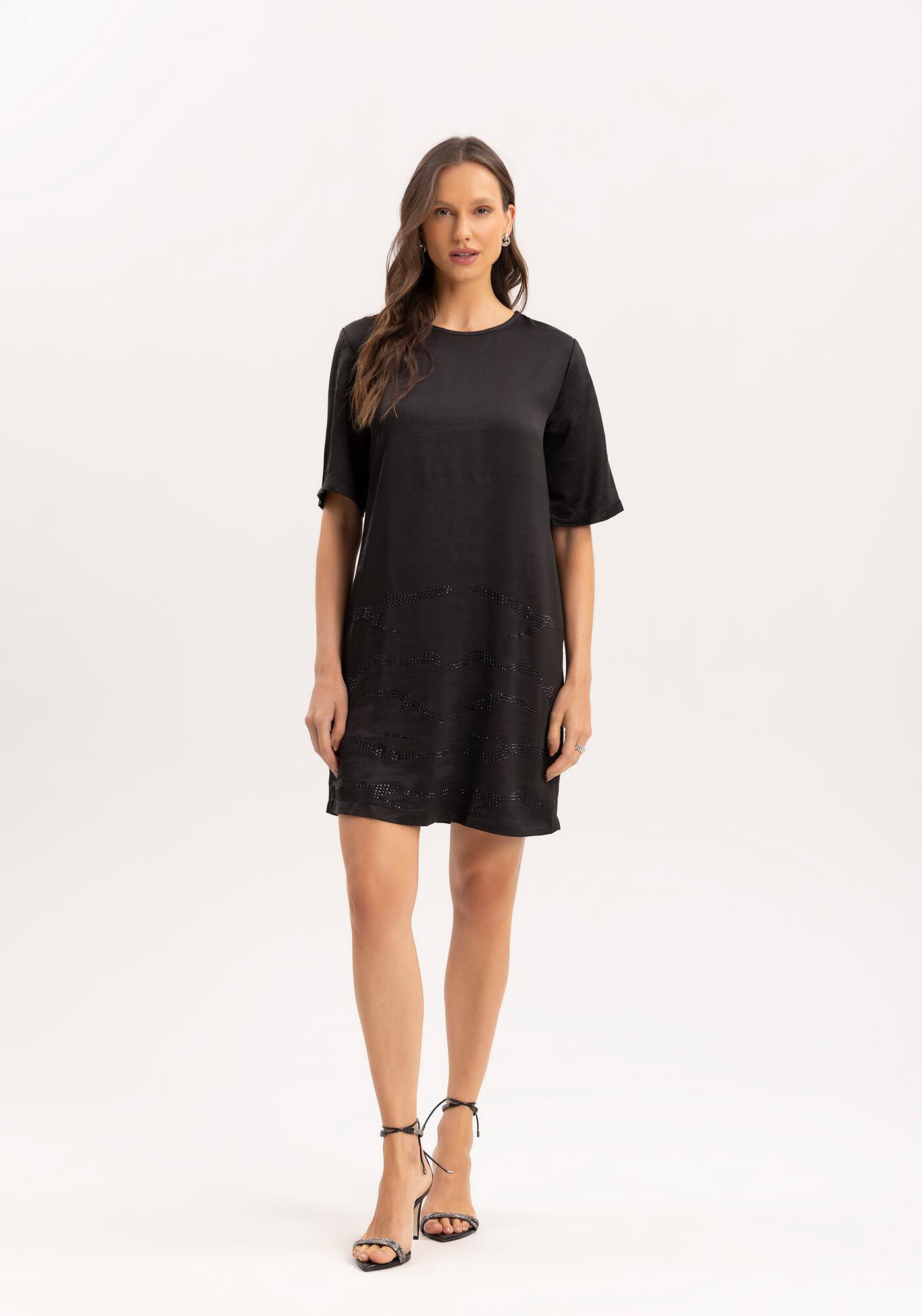 Vestido Curto Reto Acetinado com Strass, , large.