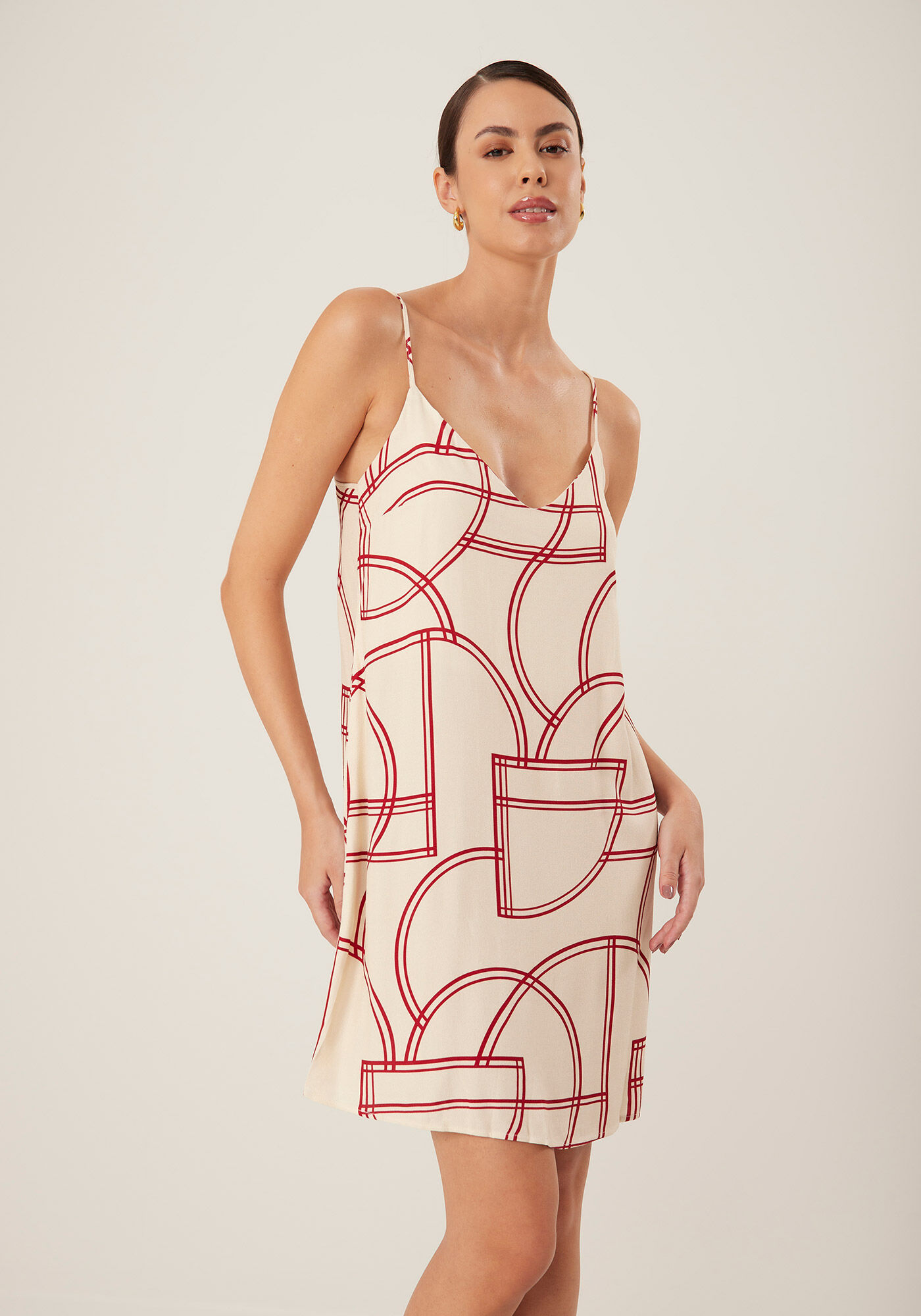 Vestido Curto Estampado Com Al&ccedil;as Finas Em Crepe De Viscose, , large.