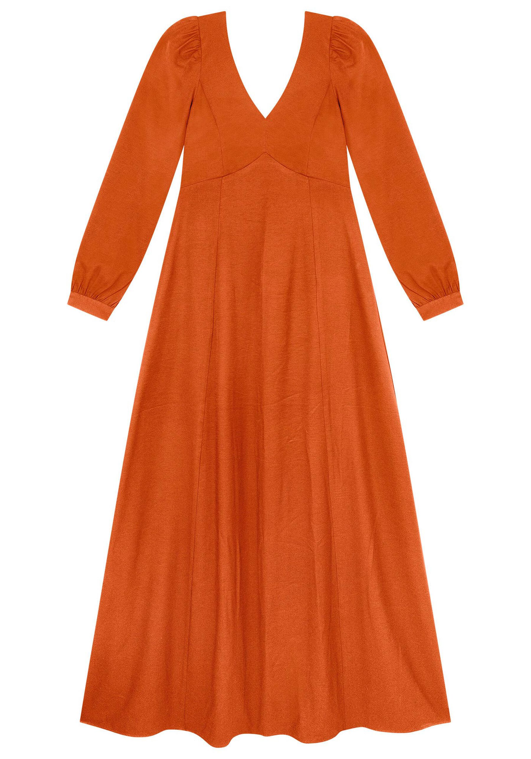 Vestido Longo com Manga Longa Bufante, LARANJA  RADIANTE. Vestido Longo com Manga Longa Bufante, LARANJA  RADIANTE, large.