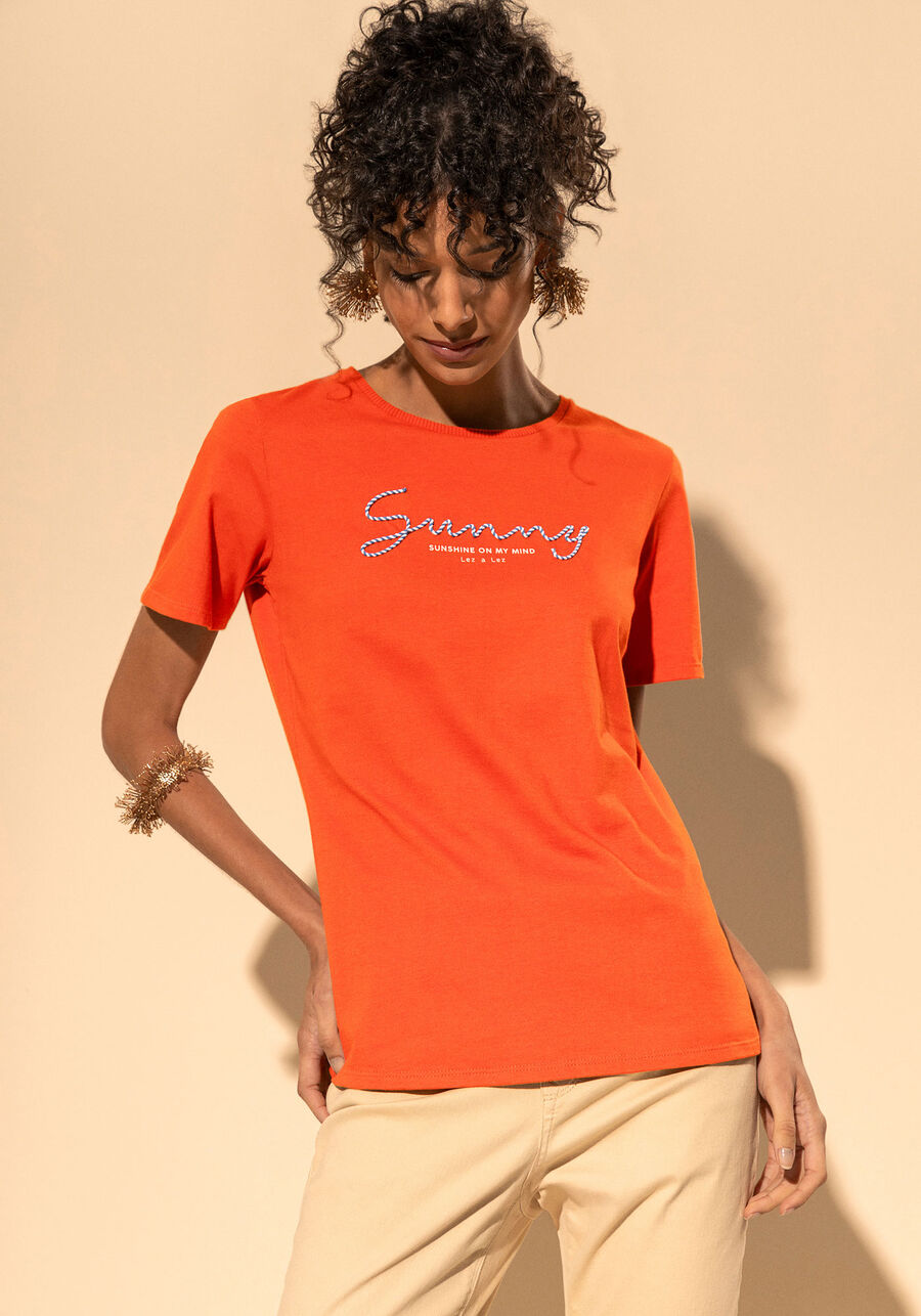 Blusa T-shirt Em Algodão Penteado Com Gola Redonda, LARANJA PAIXAO. Blusa T-shirt Em Algodão Penteado Com Gola Redonda, LARANJA PAIXAO, large.