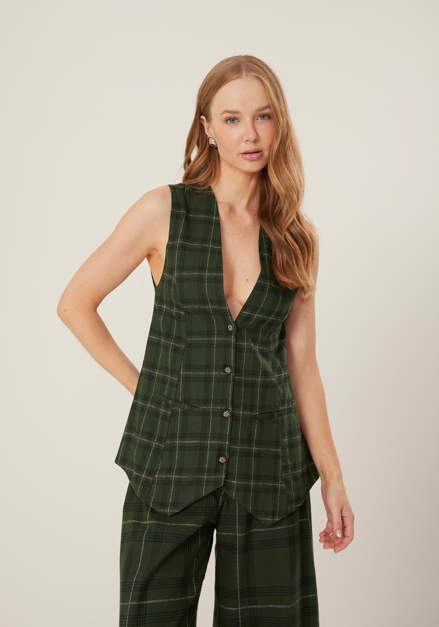 Colete Alongado Xadrez Com Bolsos E Bot&otilde;es Frontais, M.PLAID VERDE ESCURO, large.