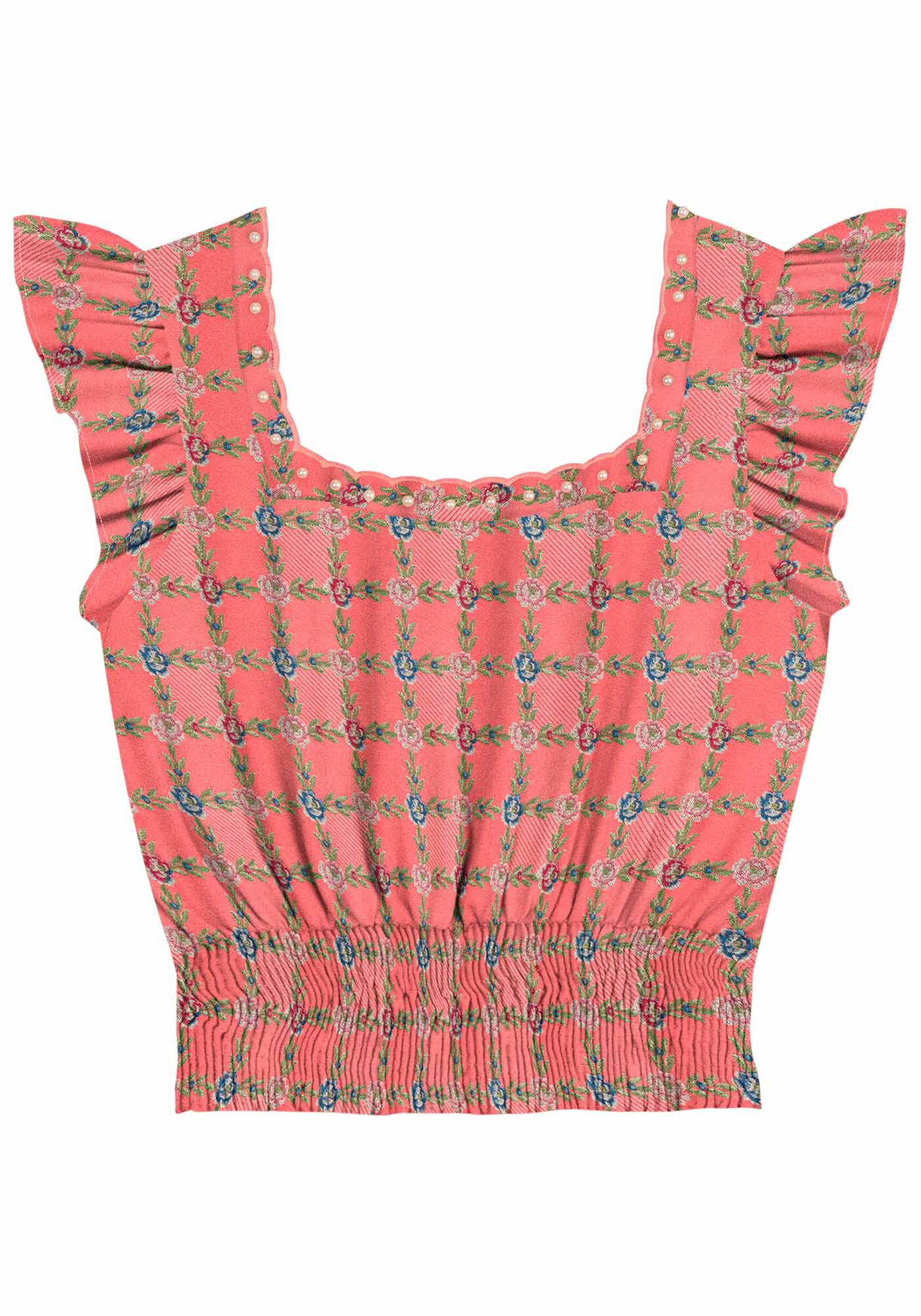 Blusa Estampada em Viscose com Babados e P&eacute;rolas, , large.
