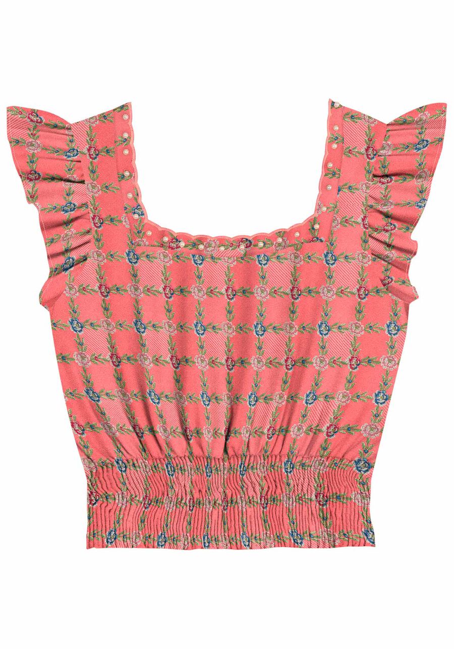 Blusa Estampada em Viscose com Babados e Pérolas, . Blusa Estampada em Viscose com Babados e Pérolas, , large.