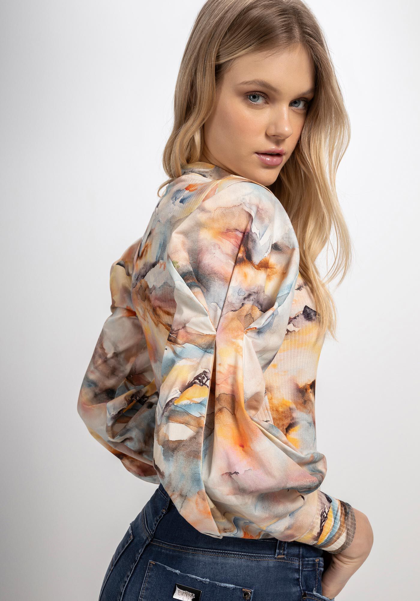 Blusa Estampada Canelada com M&aacute;xi Pregas Manga, GLACIAL, large.