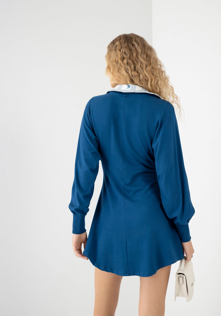 Vestido Curto Manga Longa com Zíper Decote, AZUL GRAMHA. Vestido Curto Manga Longa com Zíper Decote, AZUL GRAMHA, large.