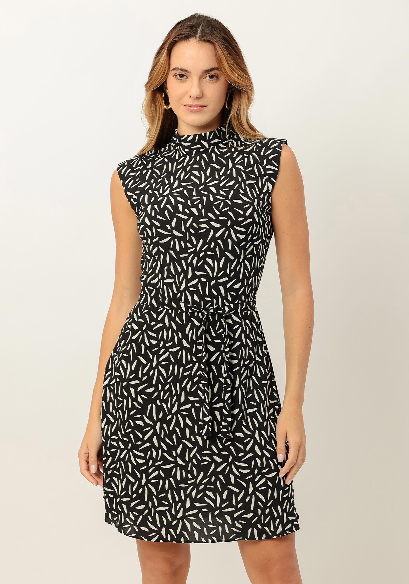 Vestido Curto Estampado em Viscose com La&ccedil;o Decote, , large.