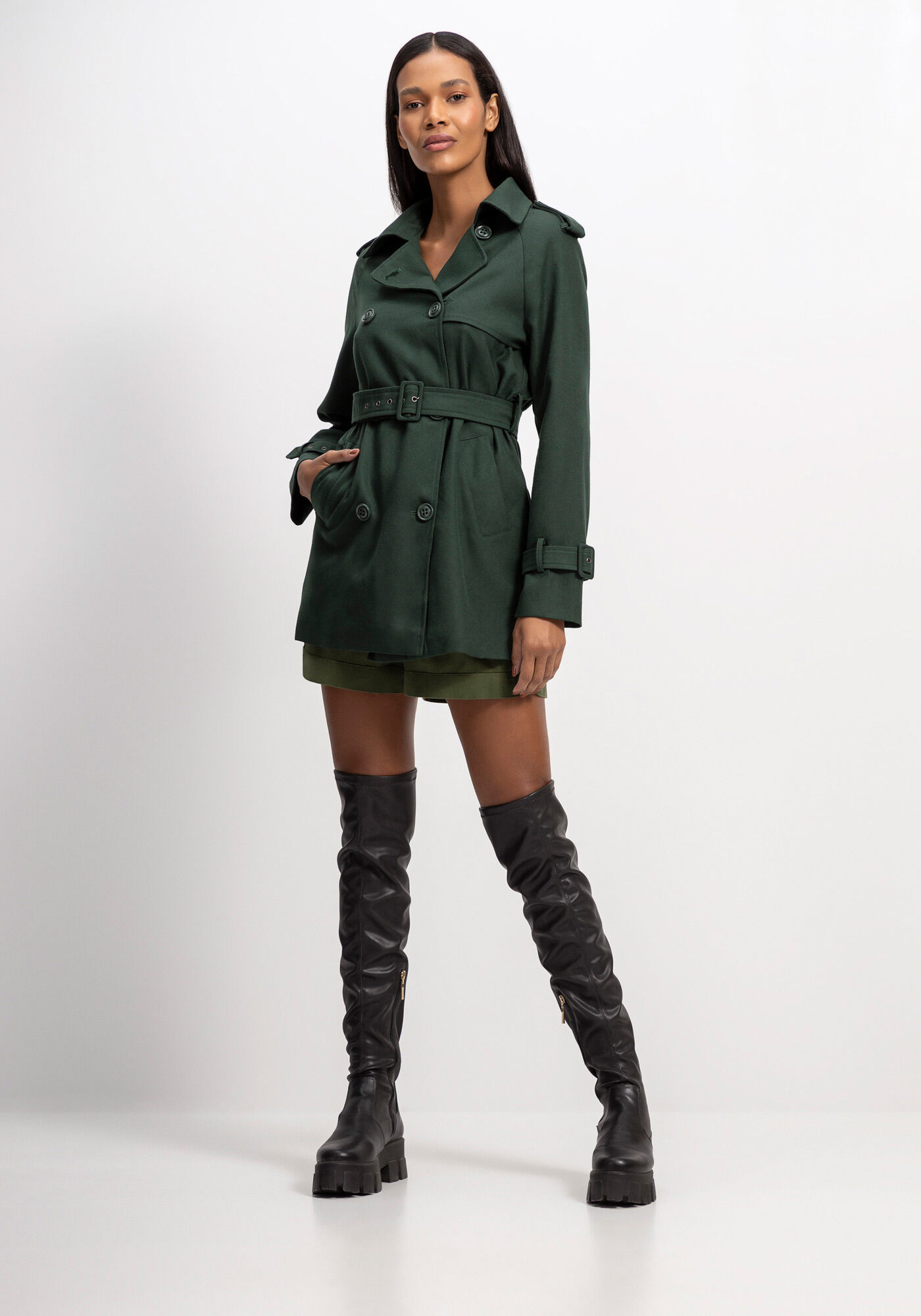 Casaco Trench Coat em L&atilde; Batida com Cinto, VERDE TURFA, large.