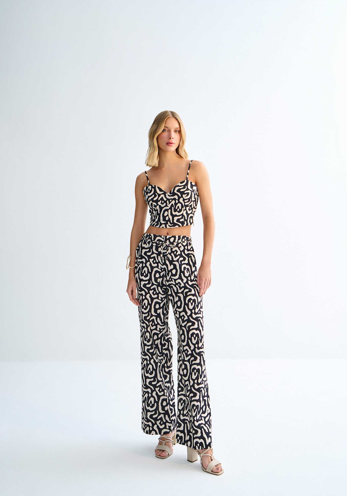 Cal&ccedil;a Reta Cintura Alta em Linho Animal Print com Cinto, , large.