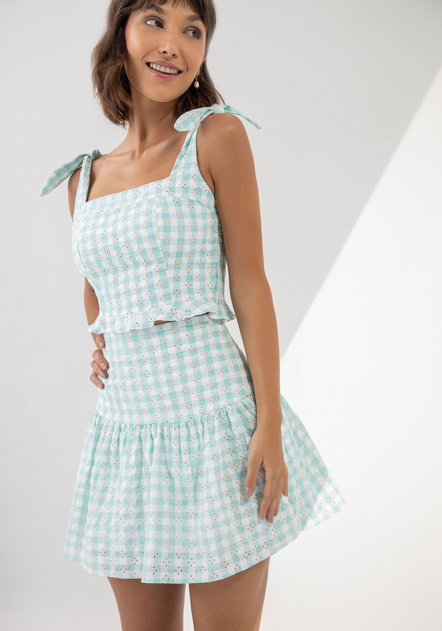 Saia Curta em Laise Vichy com Babado Barra, . Saia Curta em Laise Vichy com Babado Barra, , large.