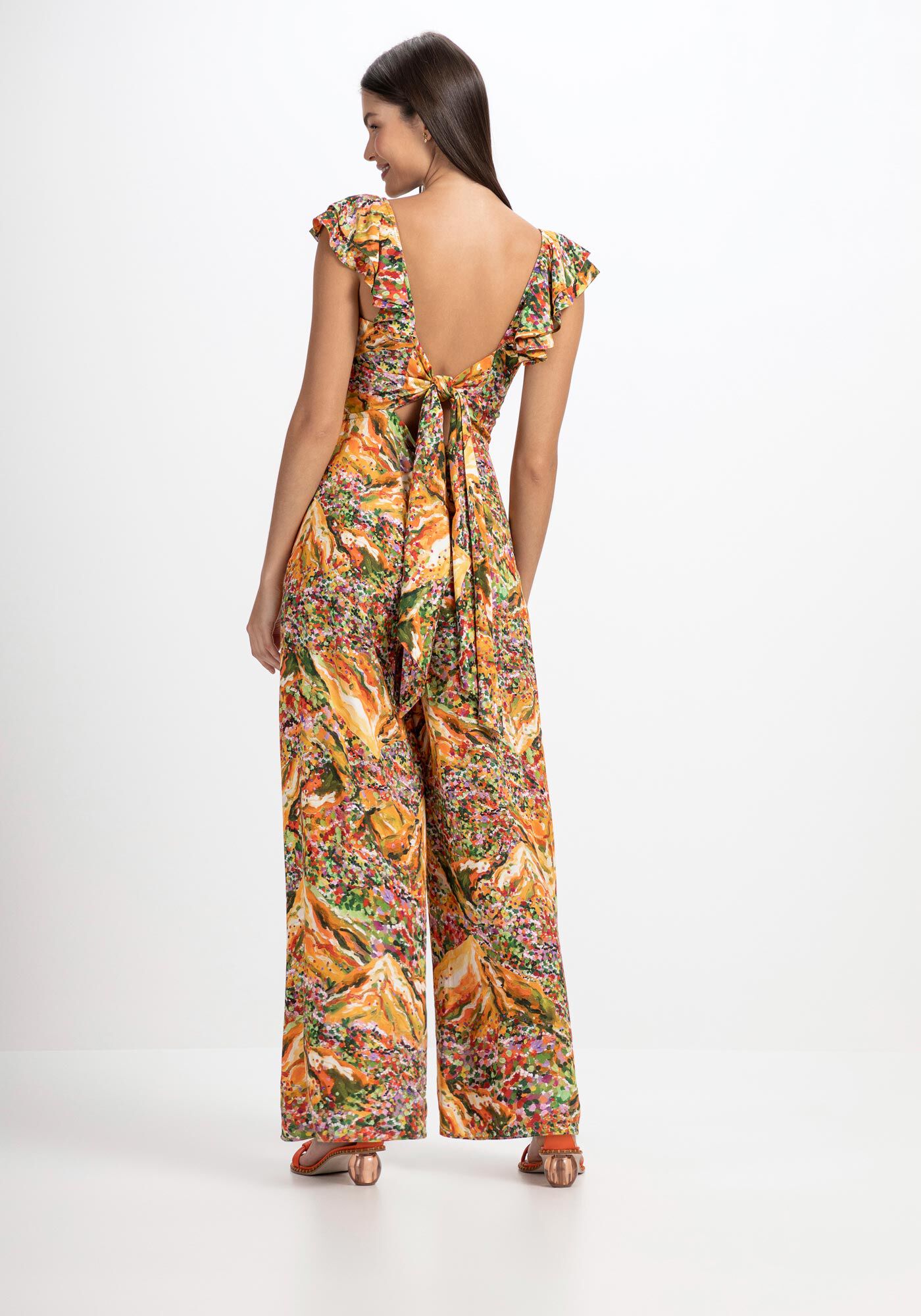 Macac&atilde;o Midi Estampado em Viscose com Babados, , large.