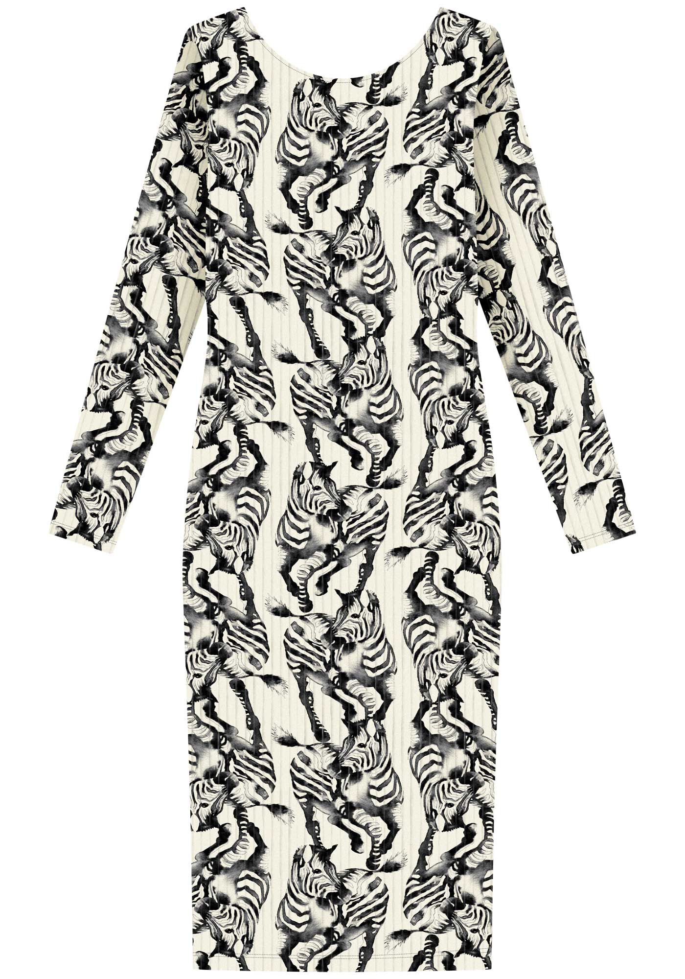 Vestido Midi Estampado De Mangas Longas Em Malha Canelada, ZEBRA PLISSE BEGE, large.