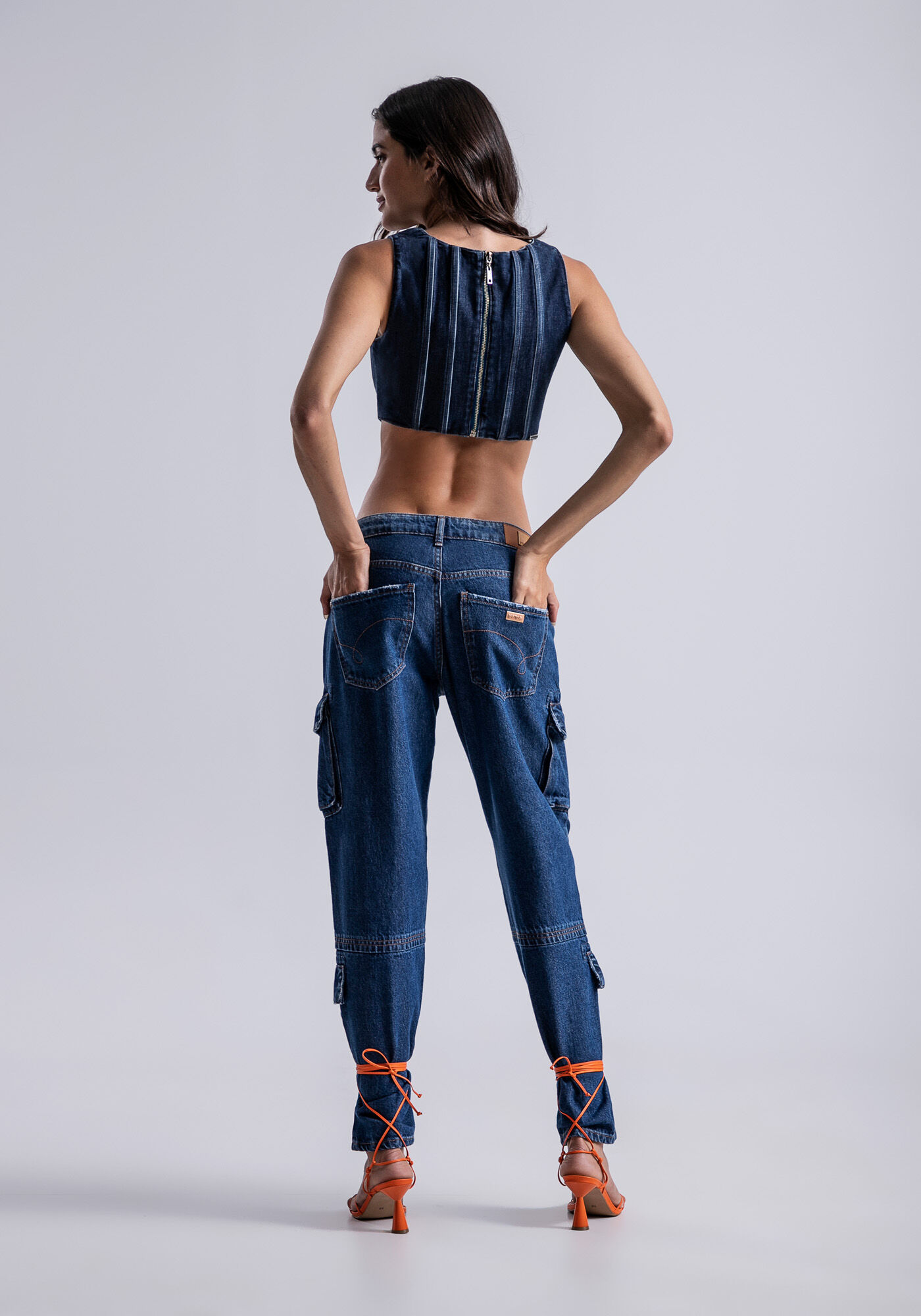 Blusa Jeans Corset Cropped com Decote Reto, JEANS, large.