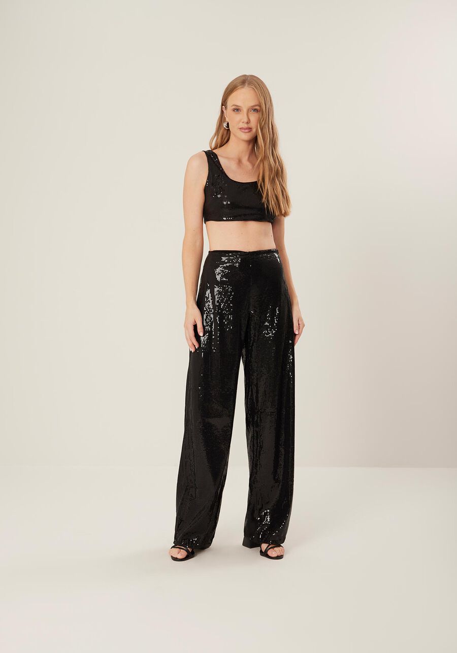 Calça Reta em Paetês com Cintura Alta, PRETO. Calça Reta em Paetês com Cintura Alta, PRETO, large.