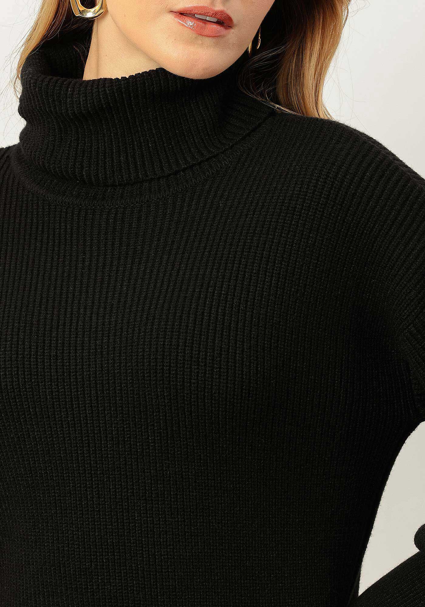 Vestido Curto Gola Alta em Tric&ocirc; com Manga Bufante, , large.