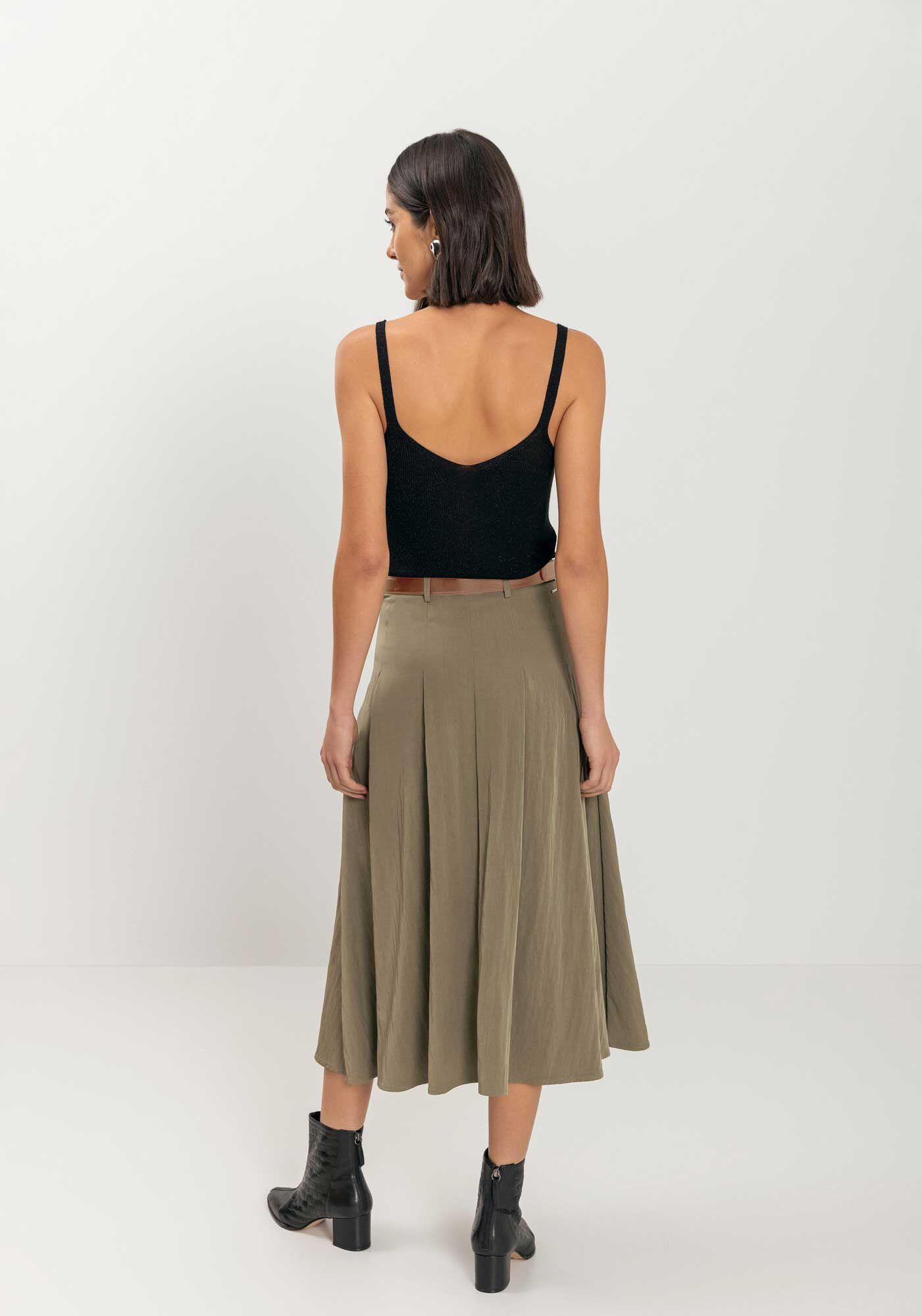 Saia Ch&aacute; De Cintura Alta Com Cinto E Bolsos, , large.