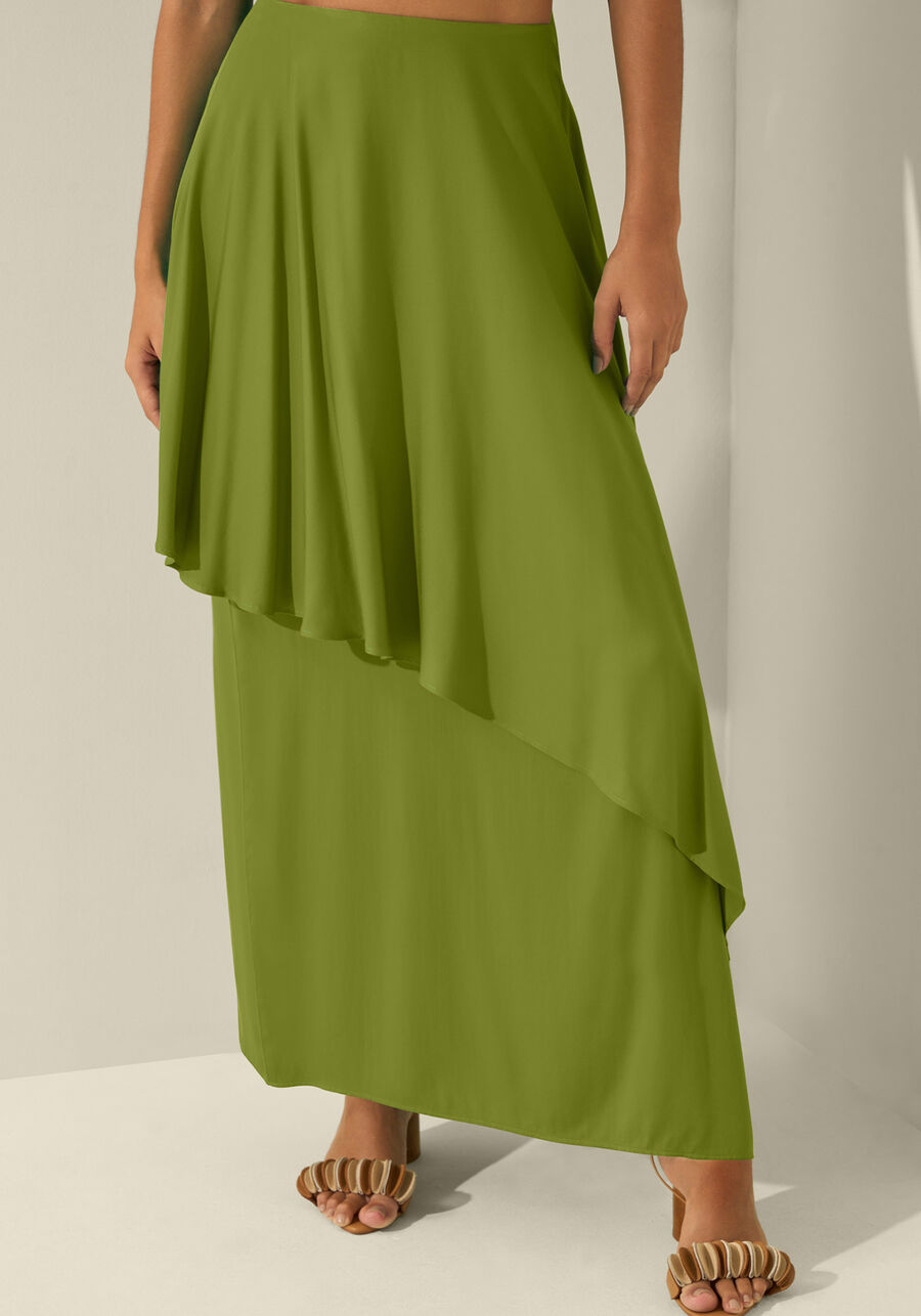 Saia Longa De Cintura Alta Com Sobreposição, VERDE ABACATE. Saia Longa De Cintura Alta Com Sobreposição, VERDE ABACATE, large.