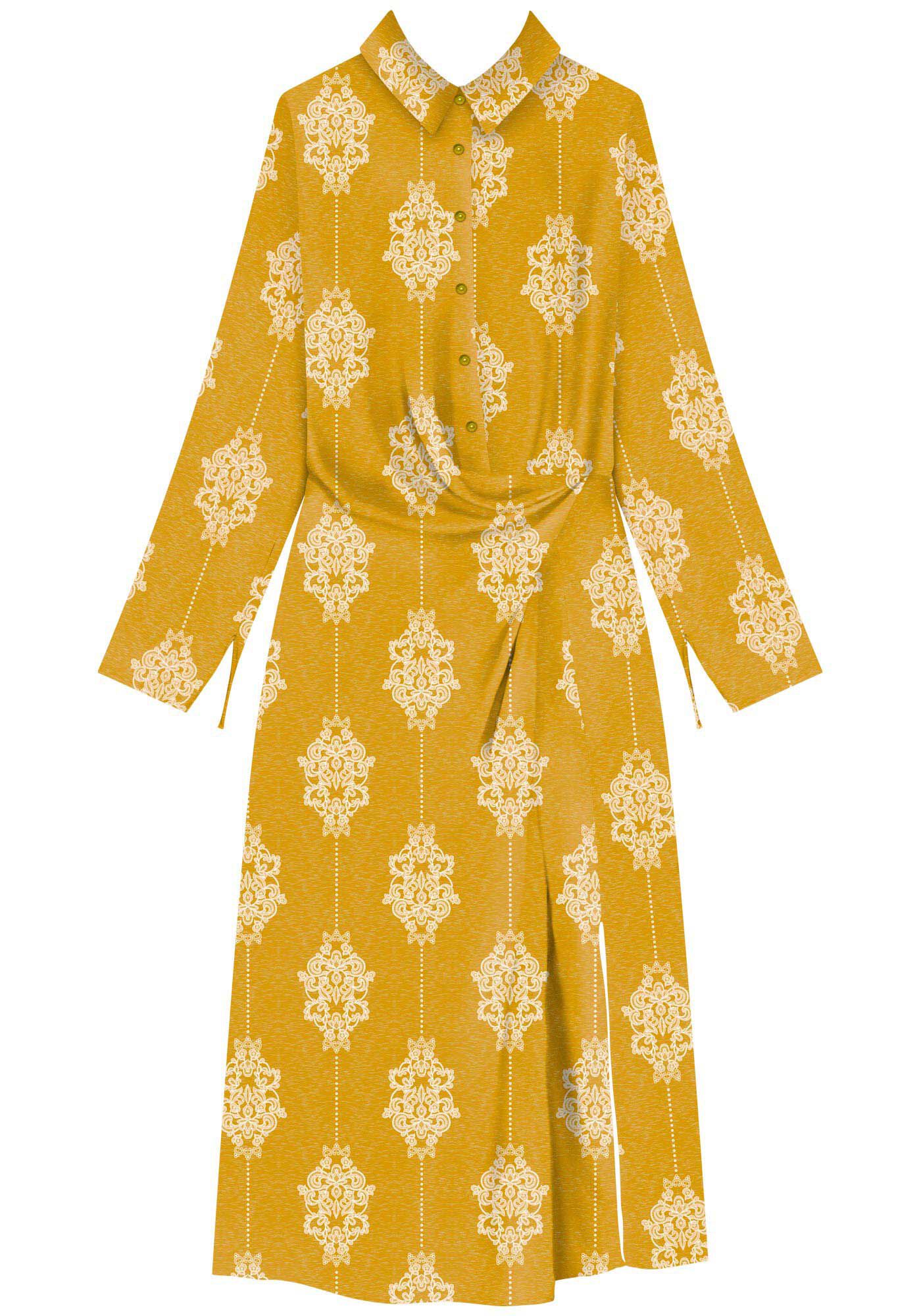 Vestido Midi Estampado Fluido De Mangas Longas Com El&aacute;stico, , large.