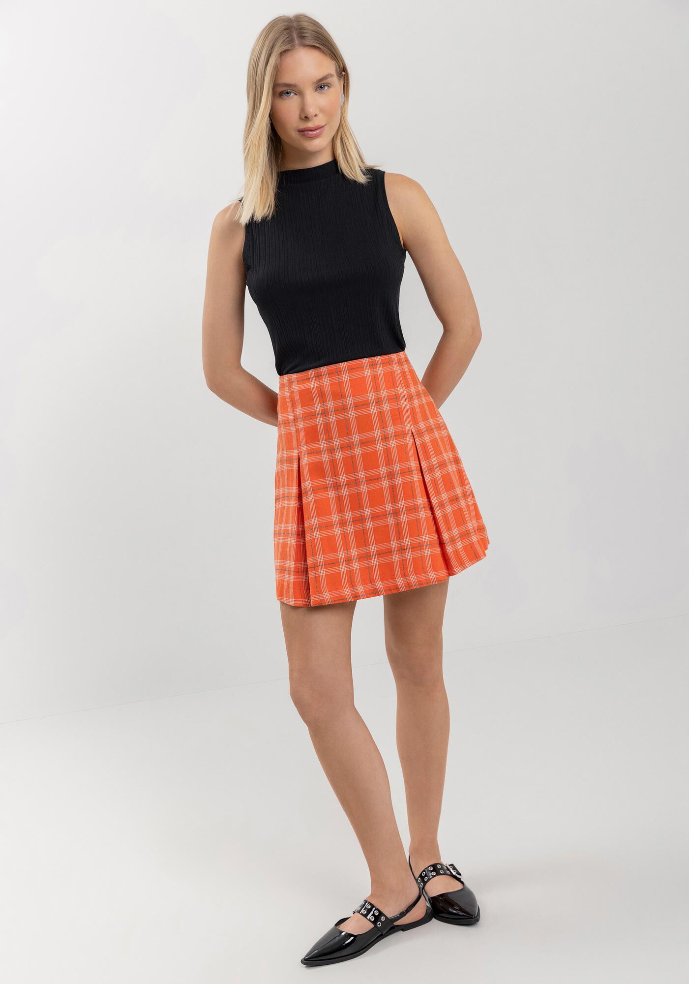 Saia Curta Xadrez Com Cintura Alta E Pregas Frontais, MINI PLAID LARANJA, large.