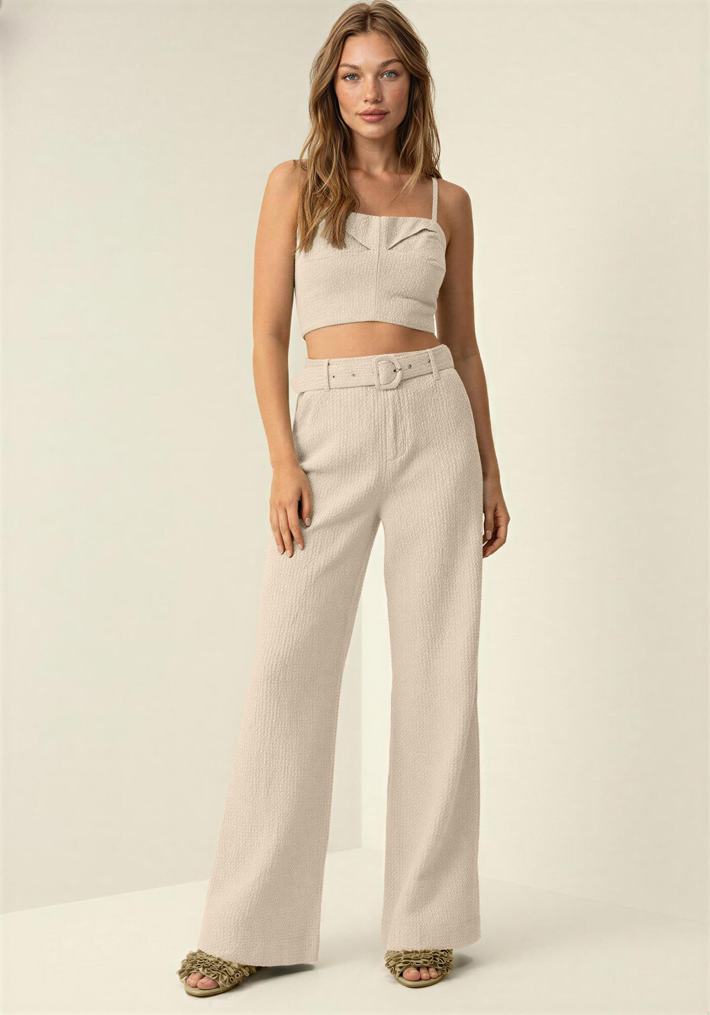 Cal&ccedil;a Super Wide Leg Em Sarja Com Cintura Alta E Cinto, BEGE BISCUIT, large.