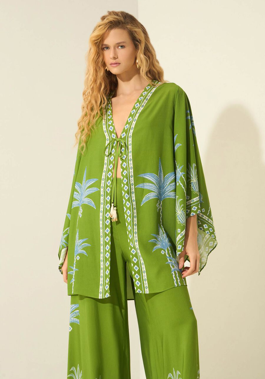 Kaftan Estampado Com Amarração, MAXI GRAVURA VERDE. Kaftan Estampado Com Amarração, MAXI GRAVURA VERDE, large.