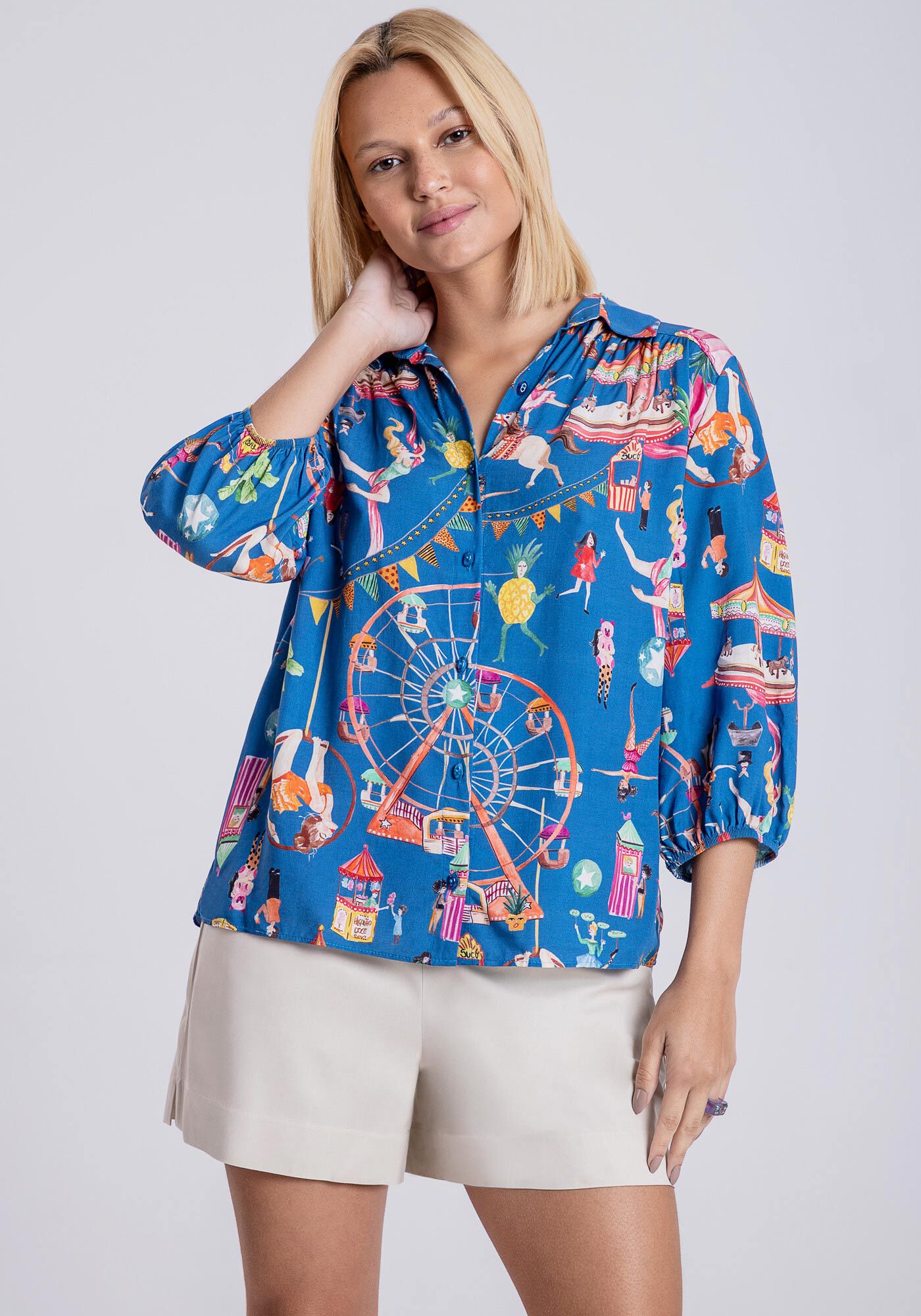 Camisa Ampla em Viscose com Manga Bufante, PARQUE DE DIVERSOES, large.