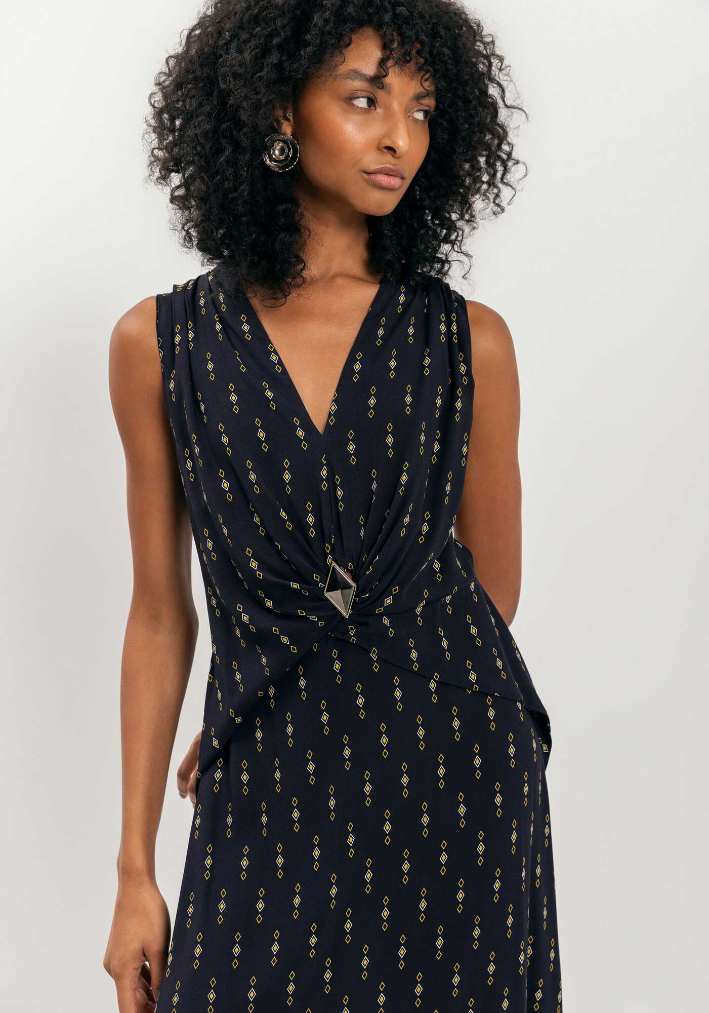 Vestido Longo Estampado Com Decote Em V E Enfeite, , large.