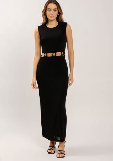 Vestido Midi Justo com Cut e Detalhe Cintura, PRETO REATIVO. Vestido Midi Justo com Cut e Detalhe Cintura, PRETO REATIVO, large.