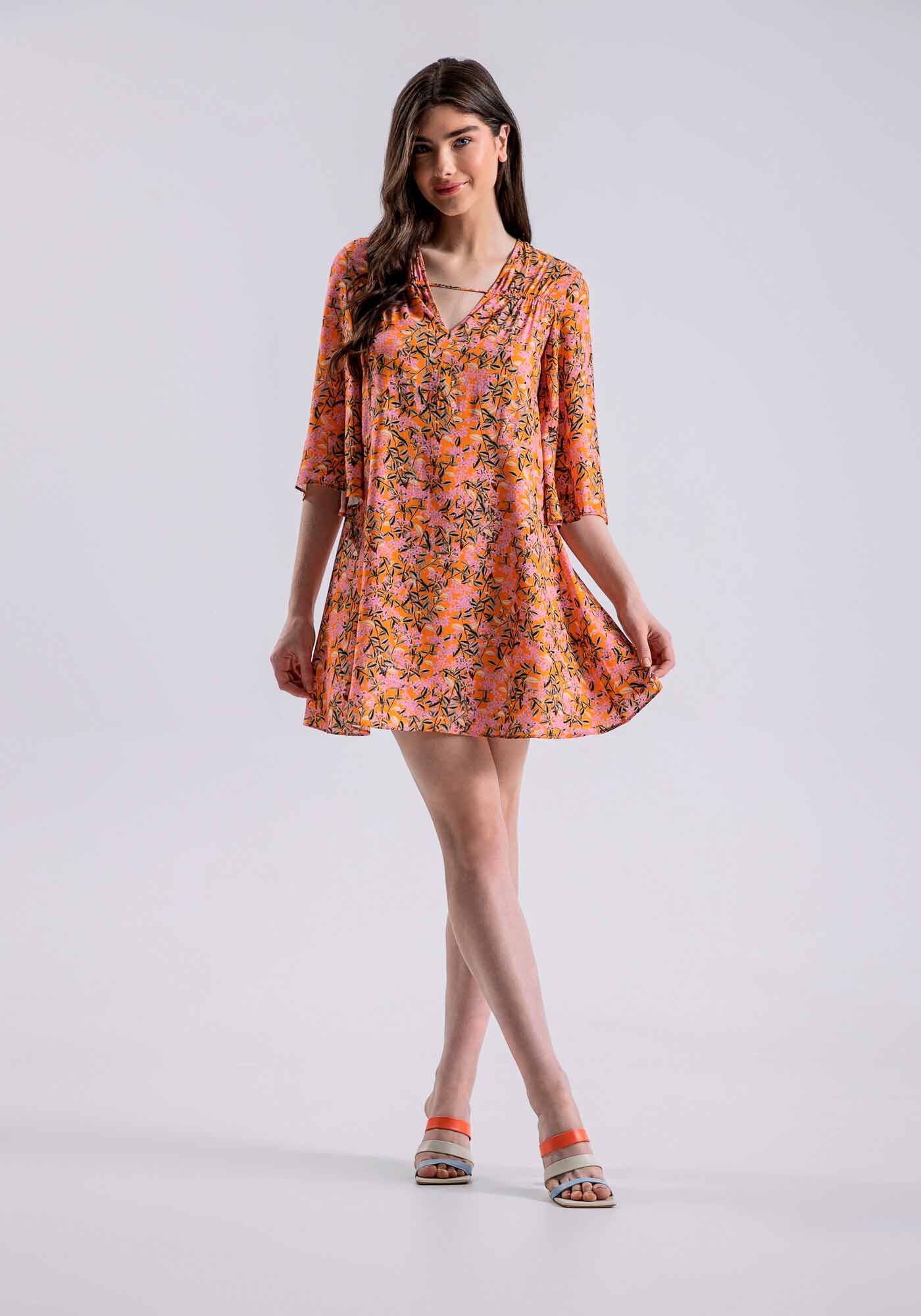 Vestido Curto Amplo Viscose com Franzido, FLORISTA, large.