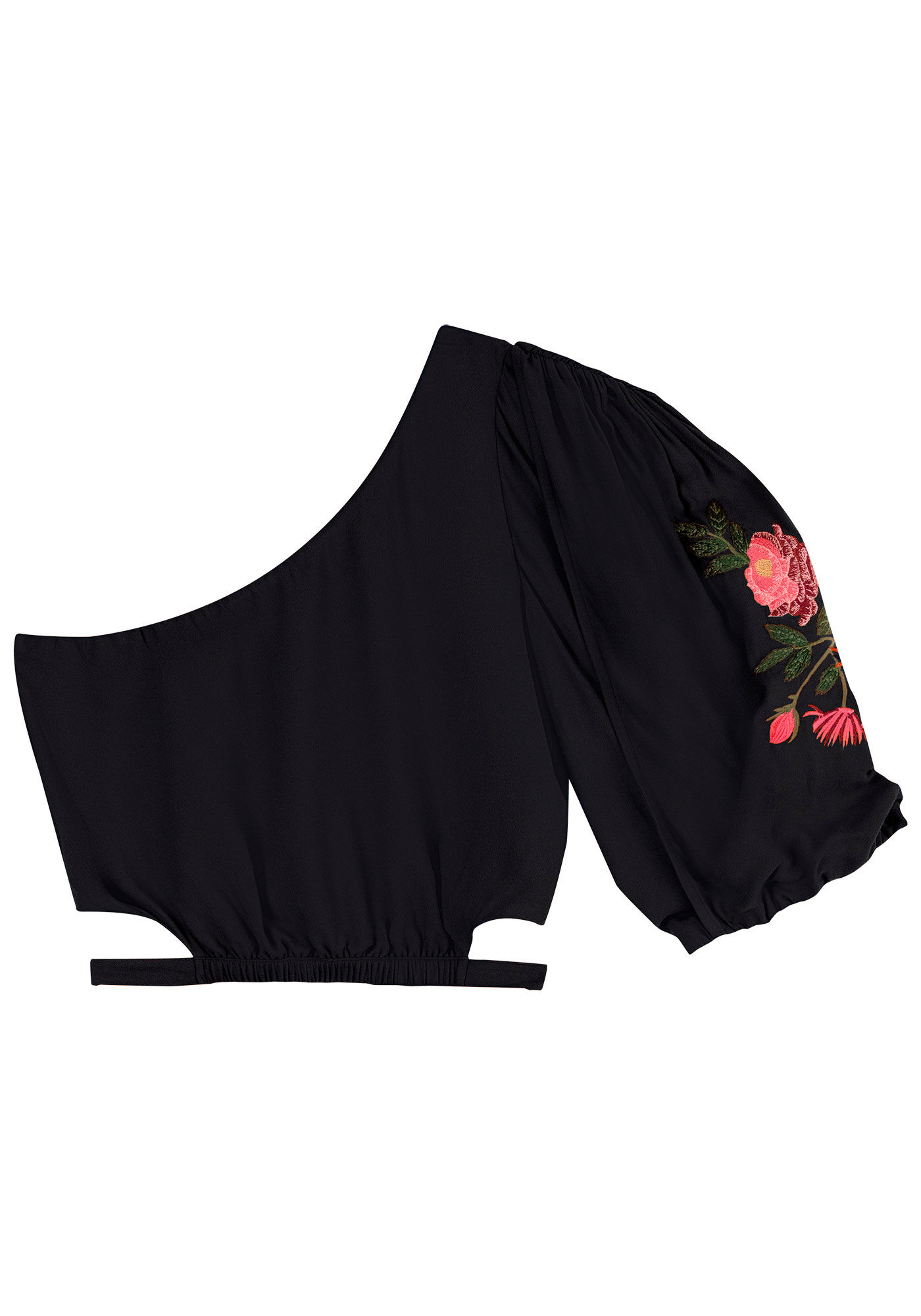 Blusa Ombro S&oacute; Cropped com Bordado Manga, PRETO REATIVO, large.