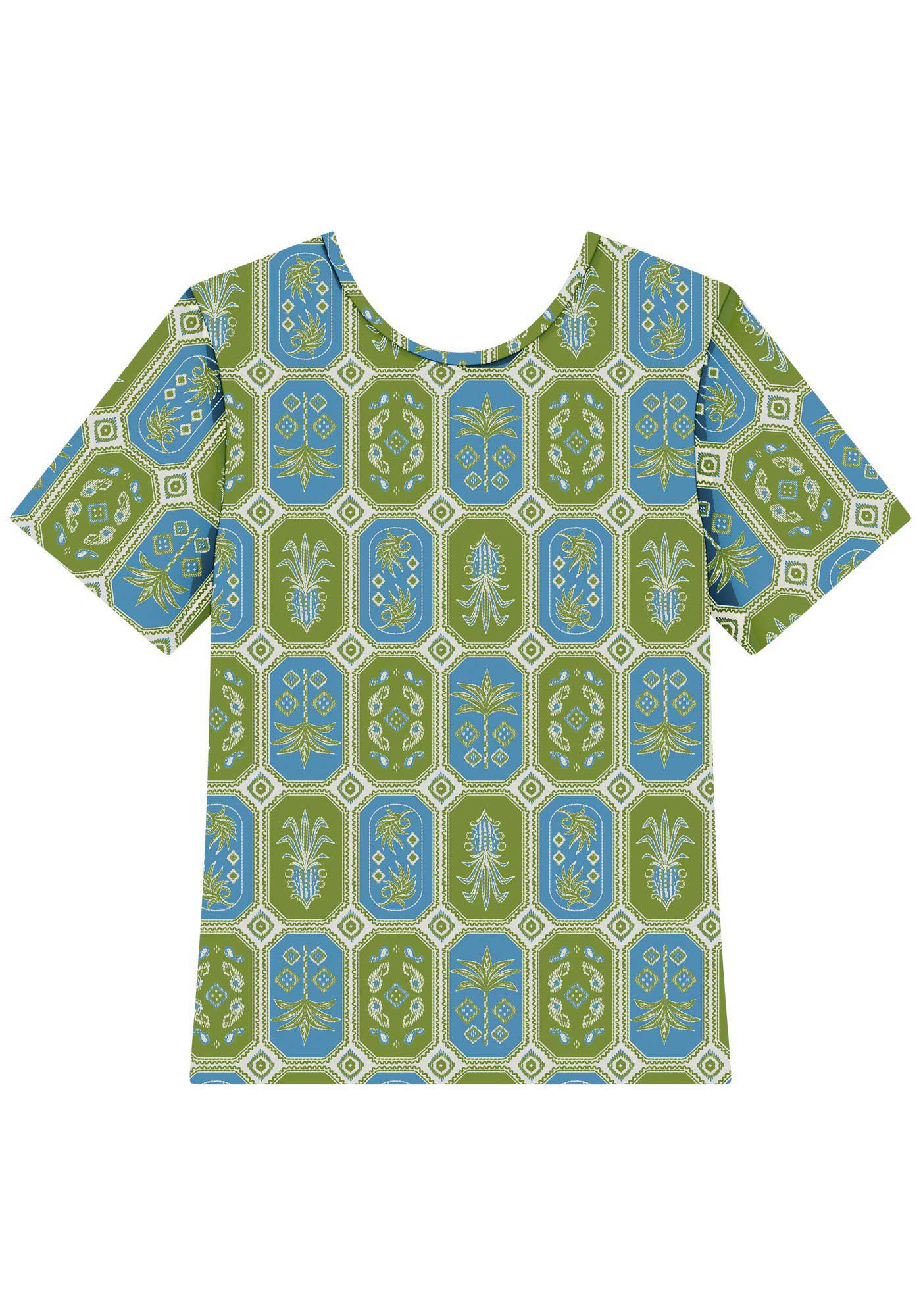 Blusa De Mangas Curtas Em Malha Leve Estampada, MAXI GRAVURA AZUL, large.