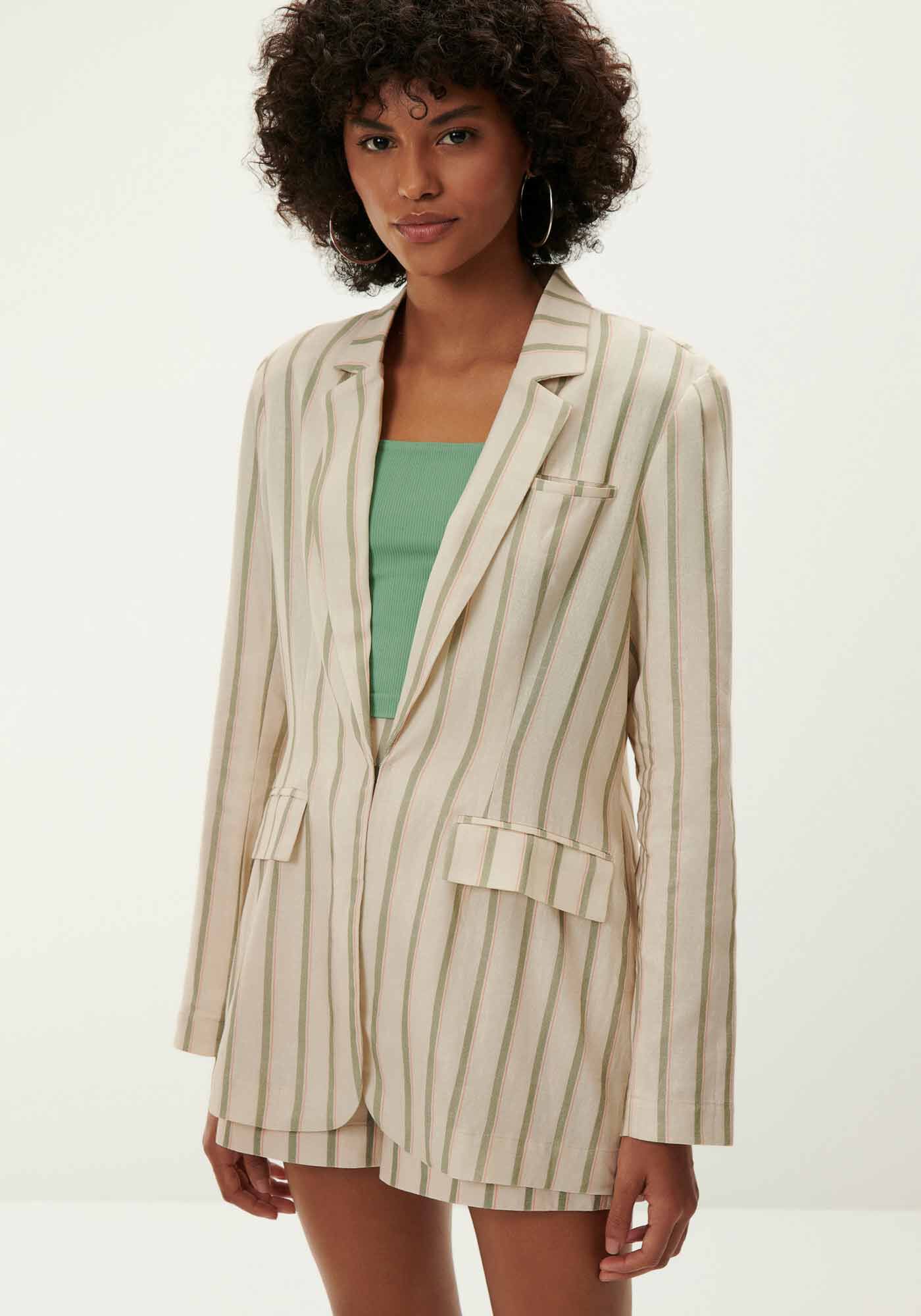 Blazer Alfaiataria Alongado em Linho Listrado, , large.