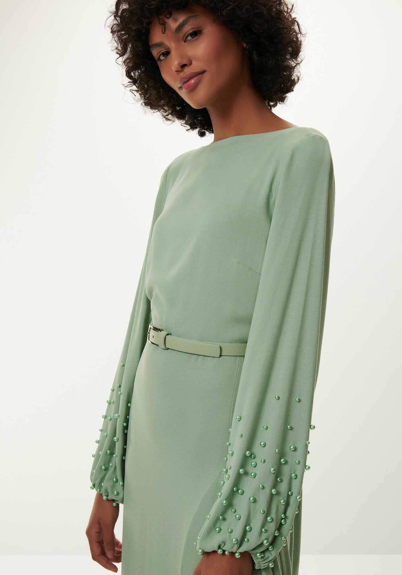 Vestido Midi Manga Longa com Fenda e P&eacute;rolas, , large.