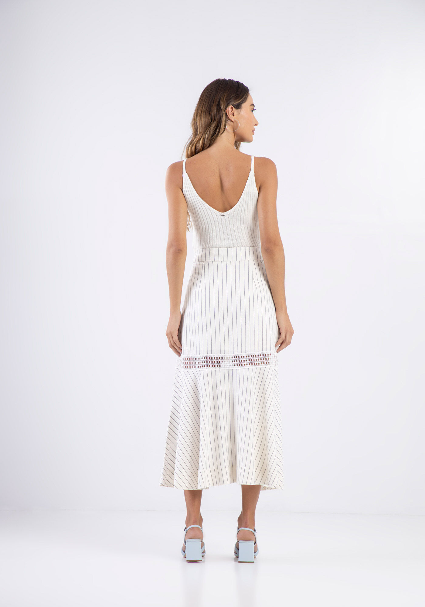 Saia Midi Estampada em Linho com Renda, ARACI, large.