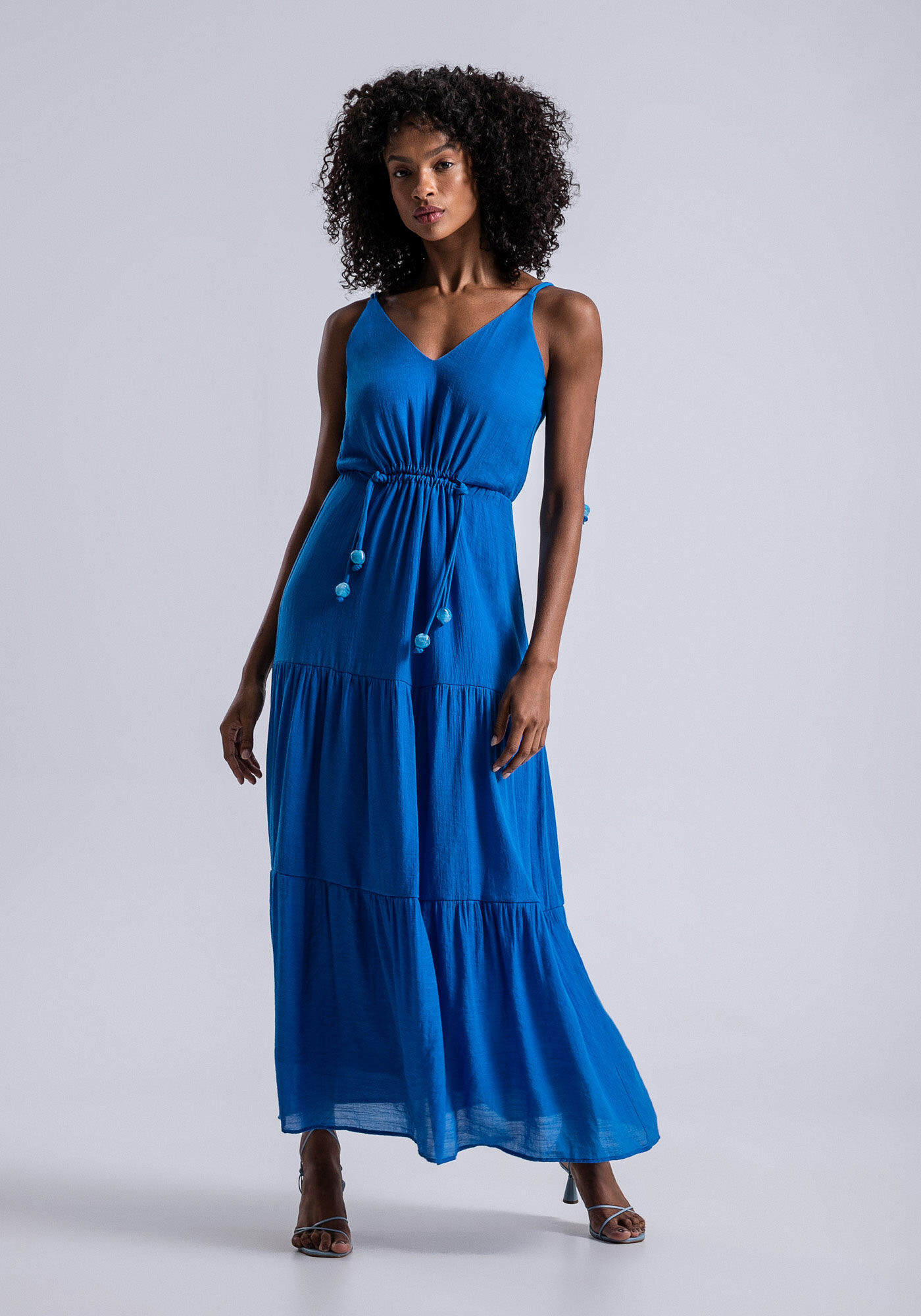 Vestido Longo em Tecido Shantung com Amarra&ccedil;&atilde;o, AZUL BAIANO, large.