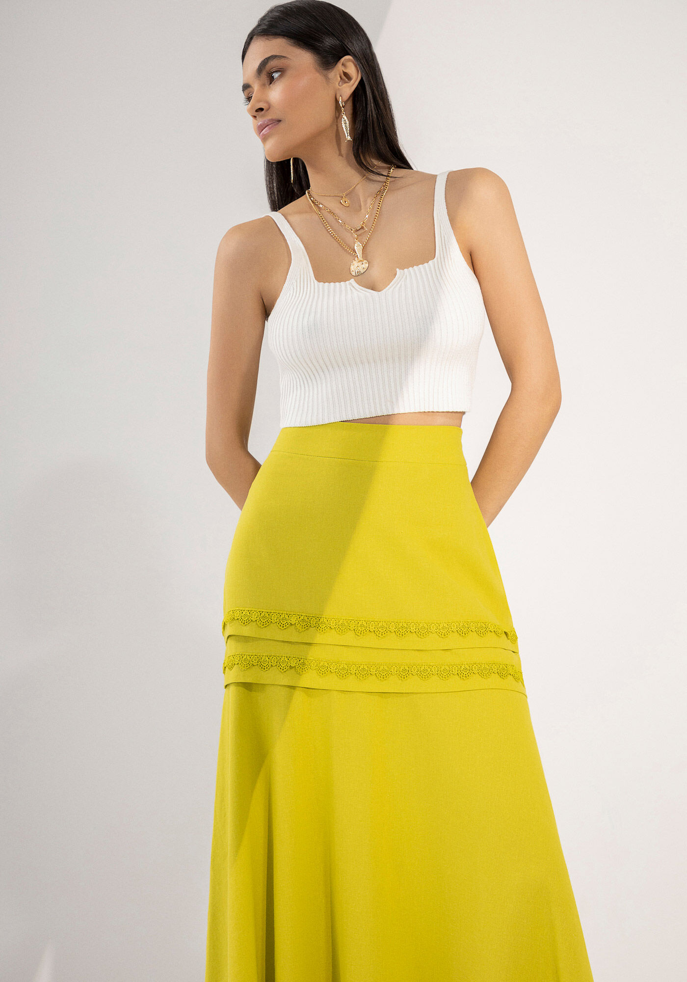 Saia Midi em Linho com Recorte Renda, , large.