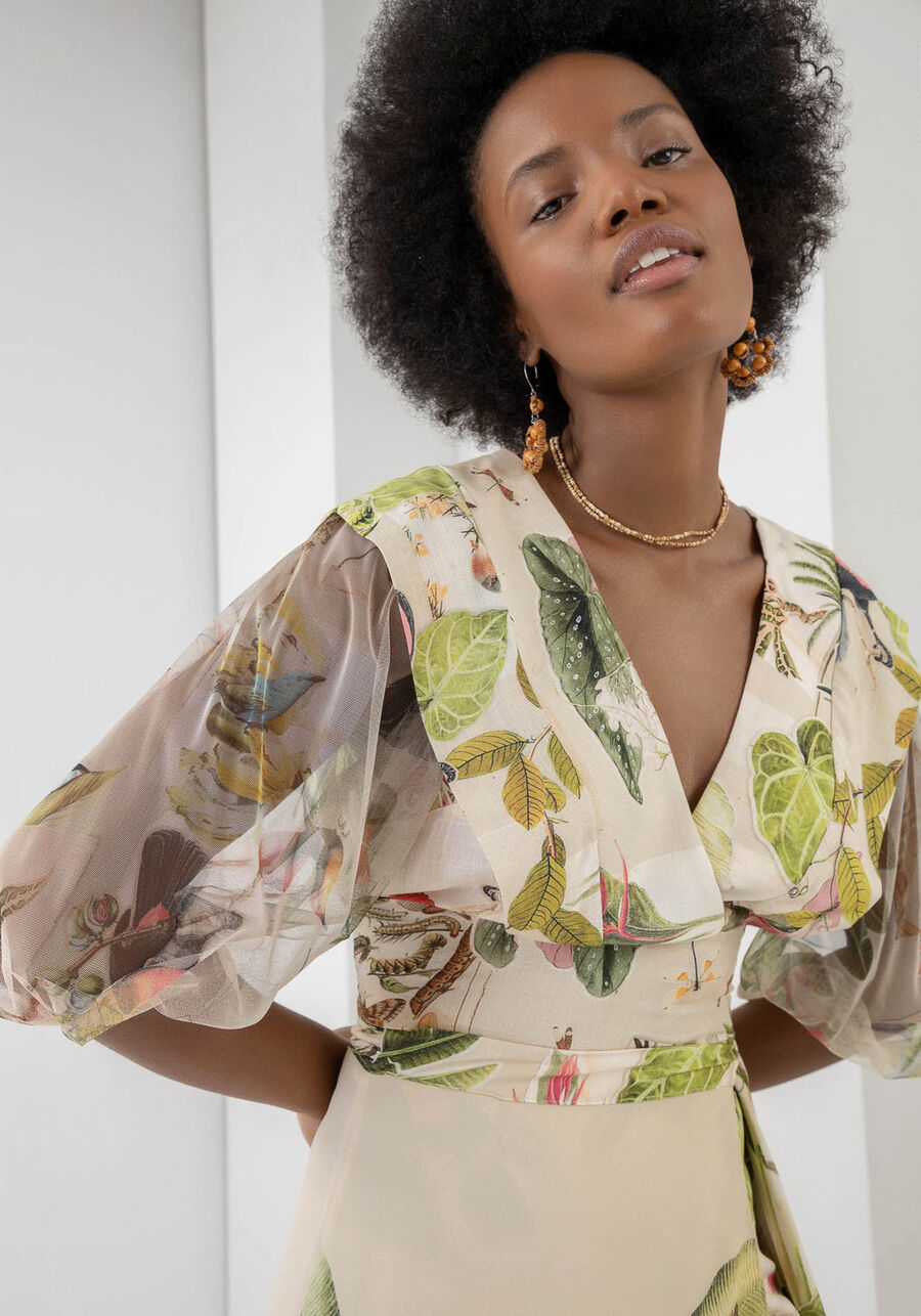 Blusa Estampada com Manga 3/4 Tule, . Blusa Estampada com Manga 3/4 Tule, , large.