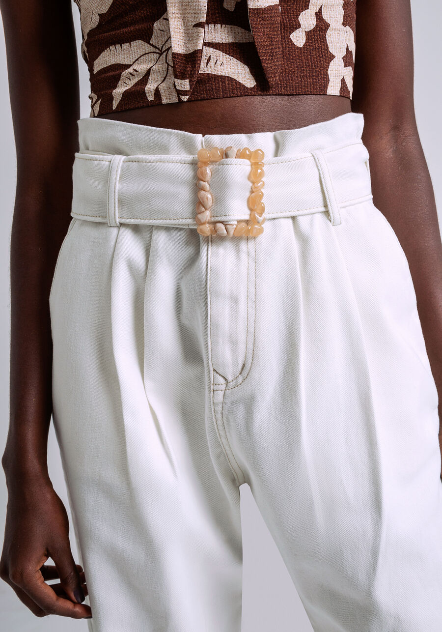 Calça Sarja Cintura Alta com Cinto, BRANCO OFF WHITE. Calça Sarja Cintura Alta com Cinto, BRANCO OFF WHITE, large.
