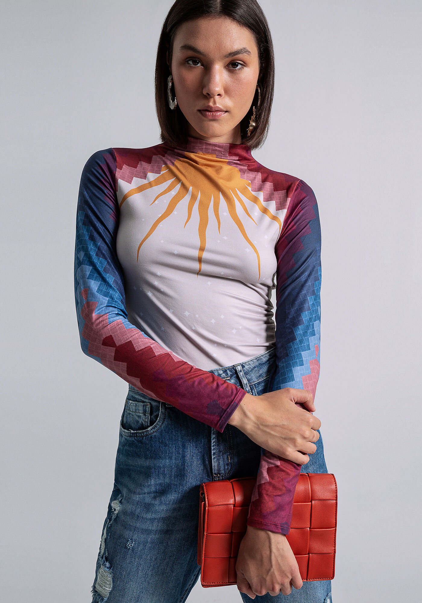 Blusa Manga Longa Gola Alta Estampa, SEJA SOL, large.