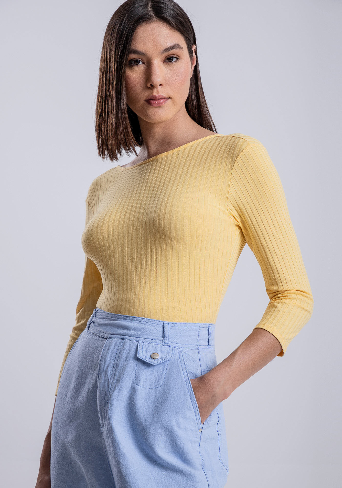 Blusa Manga 3/4 Canelada com Transpasse, , large.