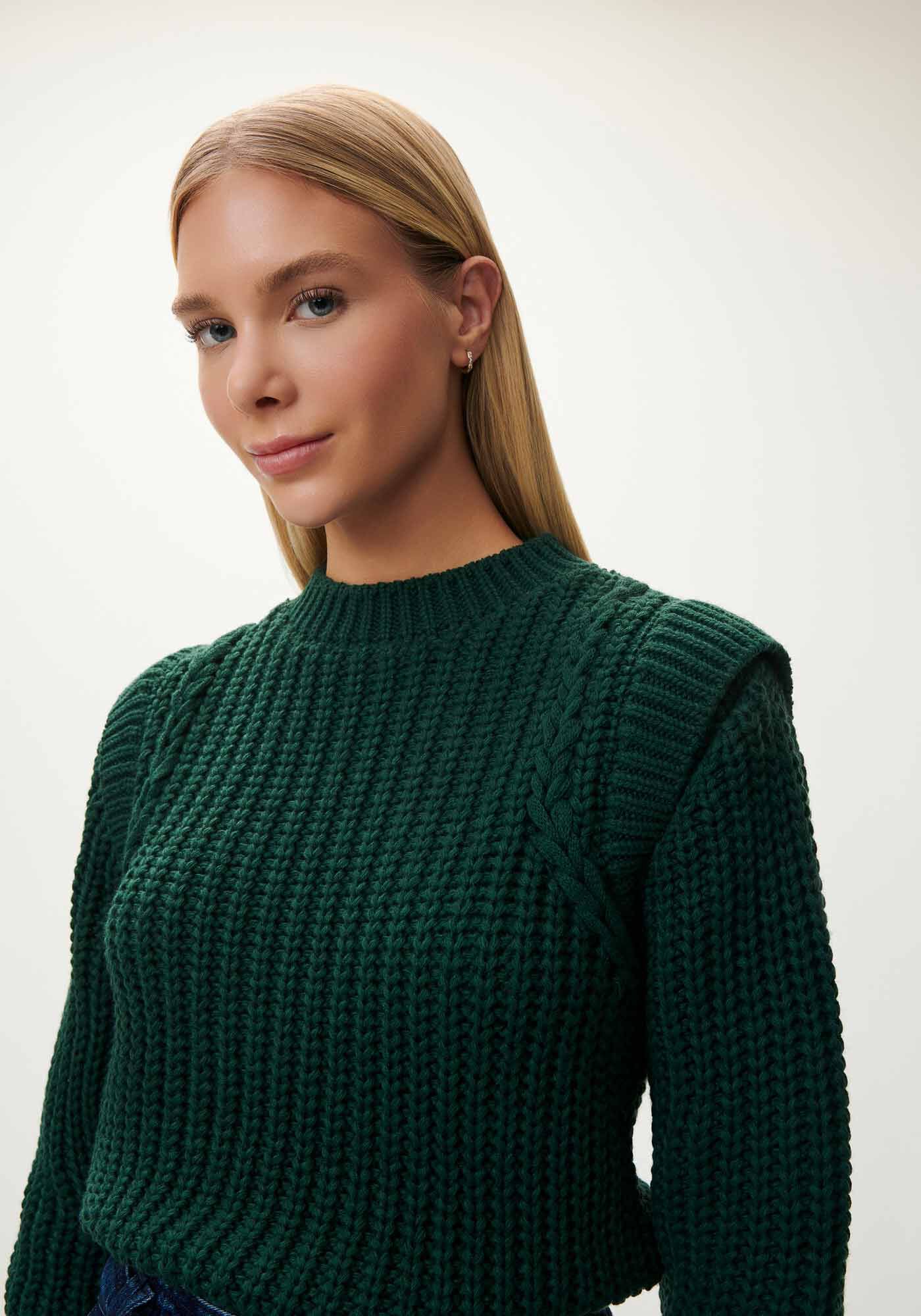 Blus&atilde;o Manga Longa em Tric&ocirc; com Recorte Ombros, VERDE ARABESQUE, large.