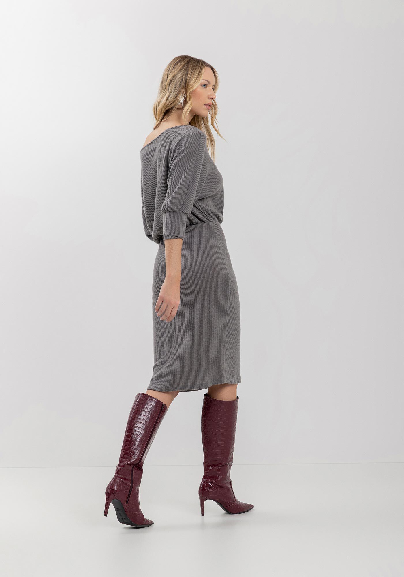 Vestido Midi Ombro A Ombro Em Malha Canelada, , large.