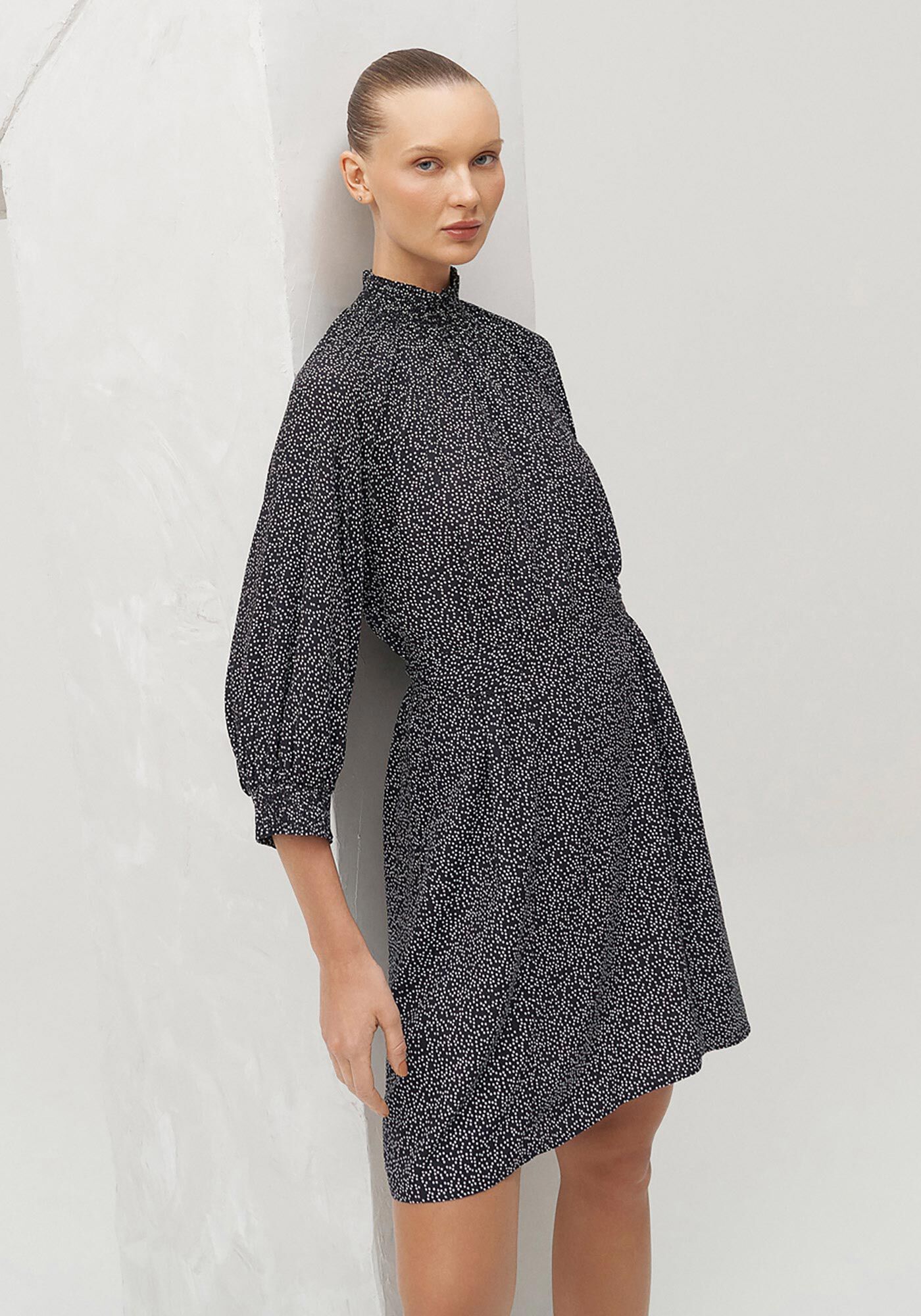 Vestido Curto Estampado com Manga Bufante, DOTS, large.