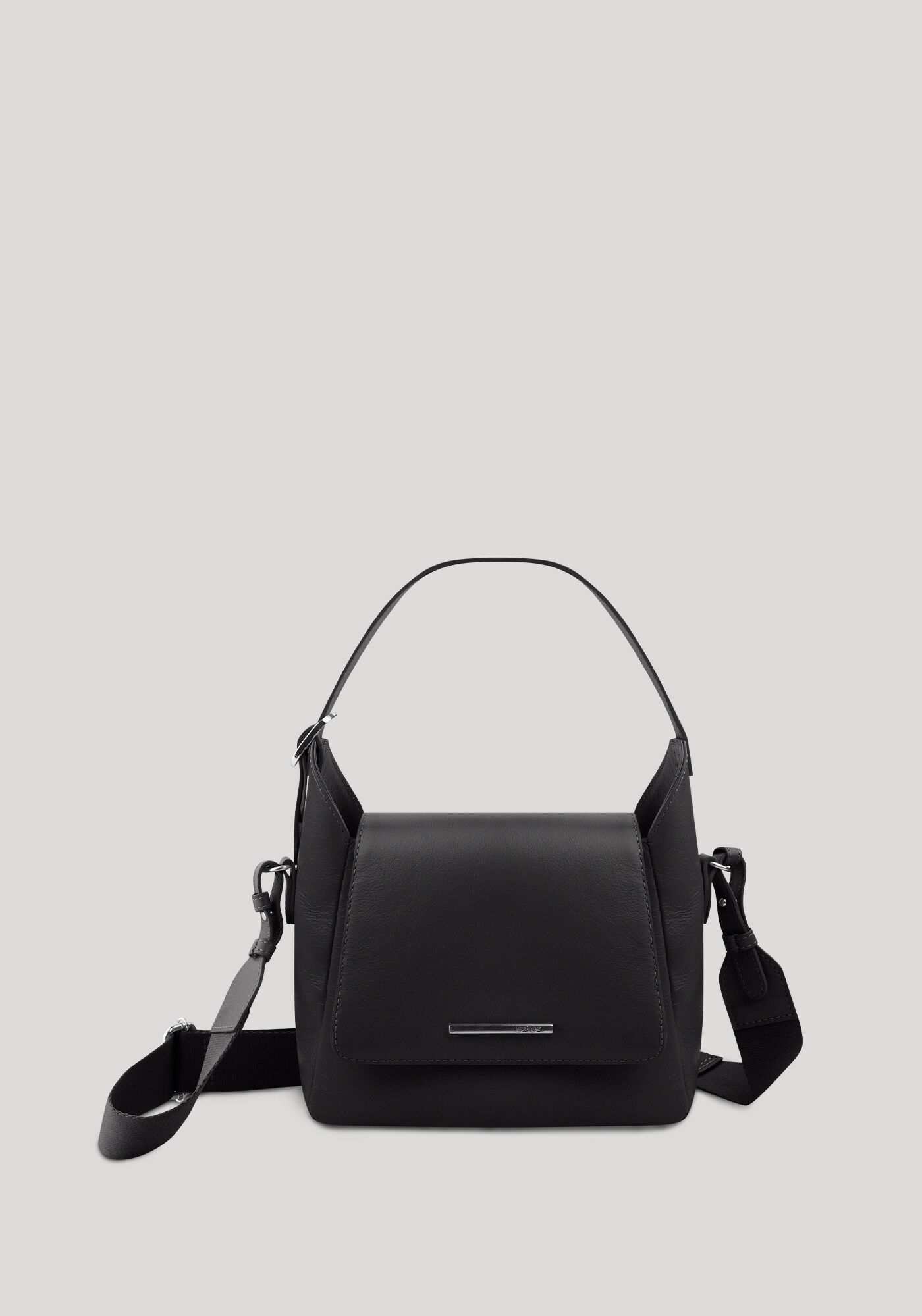 Bolsa M&eacute;dia Em Couro Com Aba Frontal E Dois Tipos De Al&ccedil;as, PRETO, large.