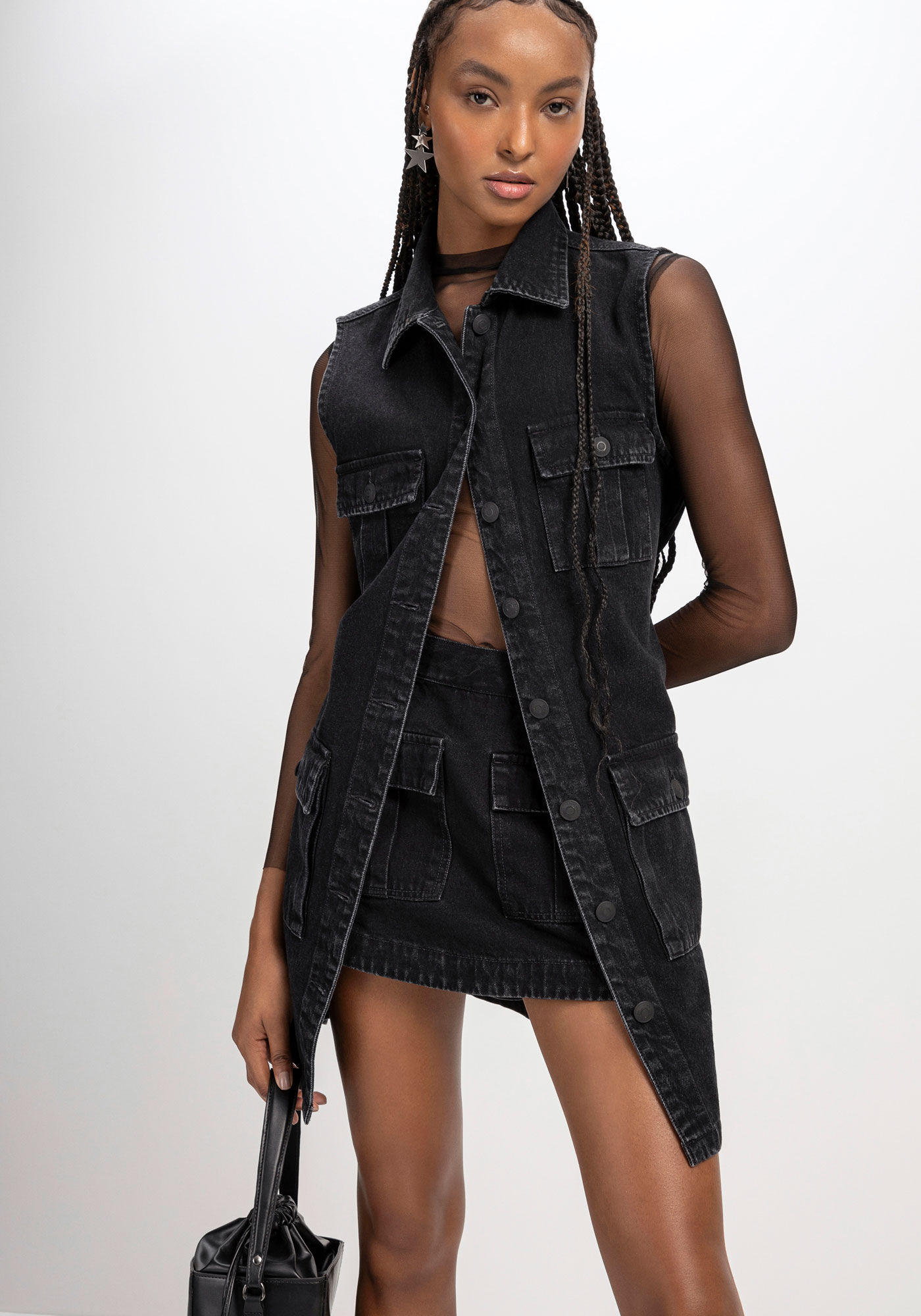 Vestido jeans com renda outlet preta