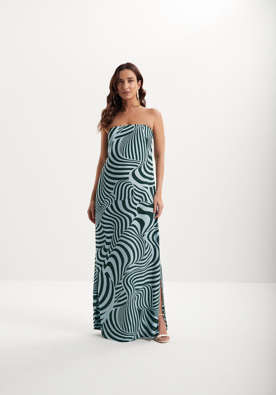 Vestido Longo Estampado Sem Alças Com Fenda Lateral, . Vestido Longo Estampado Sem Alças Com Fenda Lateral, , large.