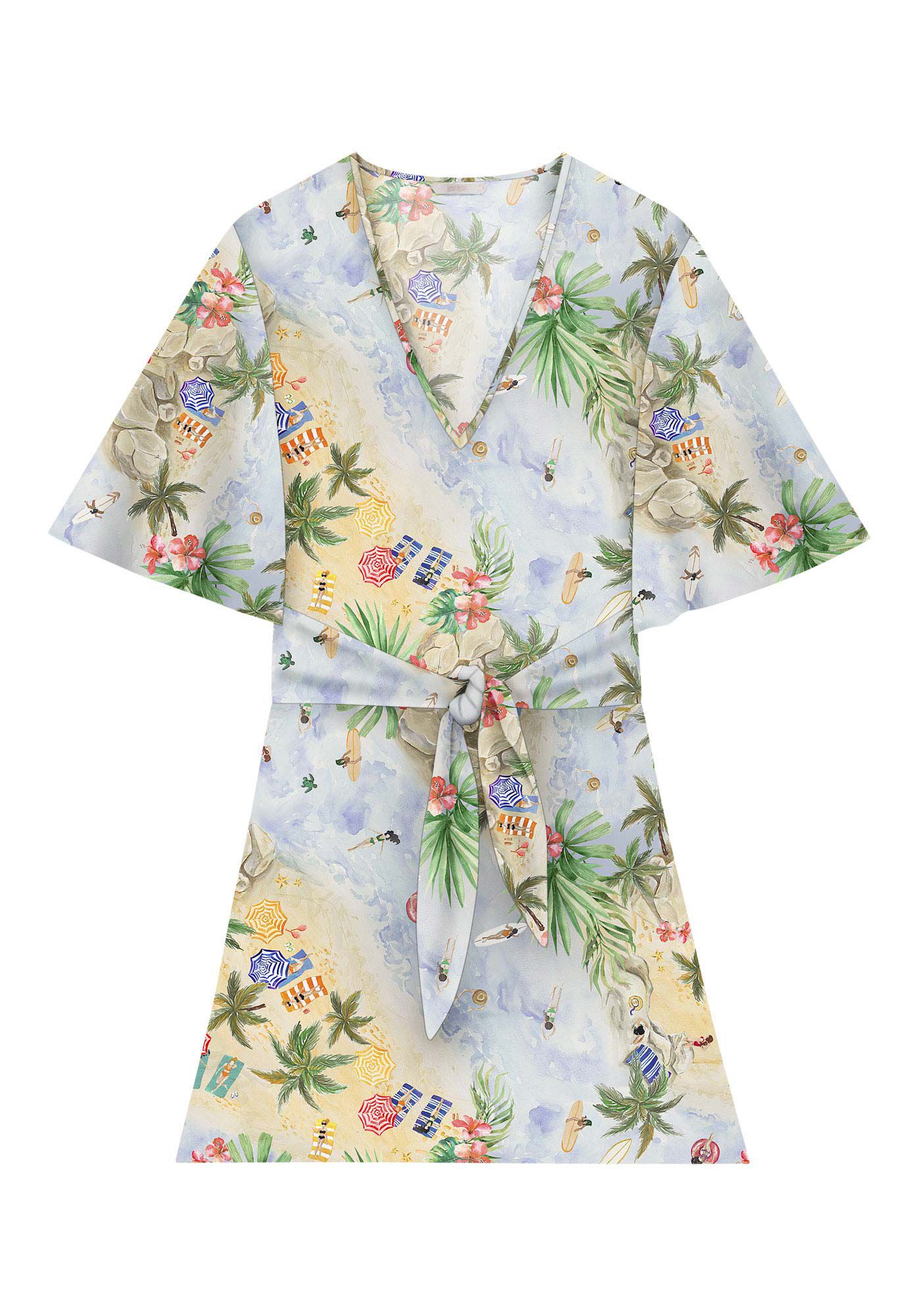 Vestido Curto Estampado em Viscose com Manga Sino, , large.