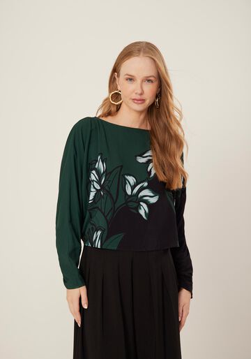 Blusa Curta Estampada Com Mangas Longas E Franzidos, ANEMONE VERDE. Blusa Curta Estampada Com Mangas Longas E Franzidos, ANEMONE VERDE, large.