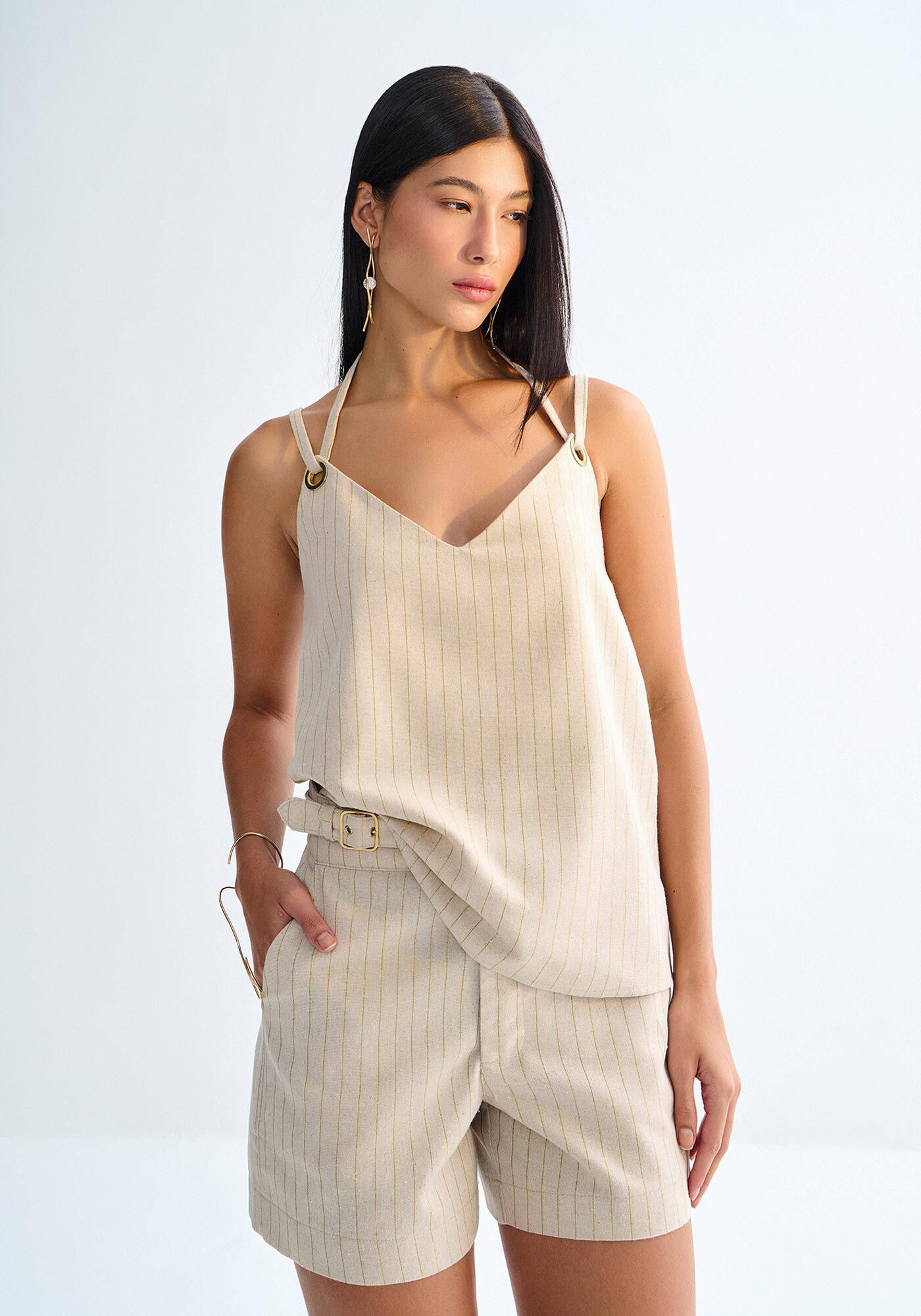 Shorts Cintura Alta em Linho Gold com Detalhe C&oacute;s, , large.