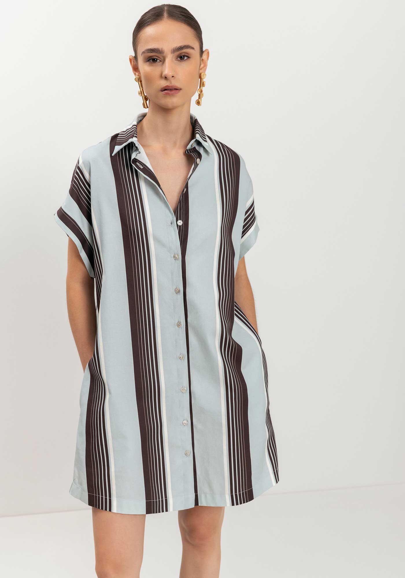 Vestido De Mangas Curtas Com Gola E Bot&otilde;es, STRIPES CINZA, large.