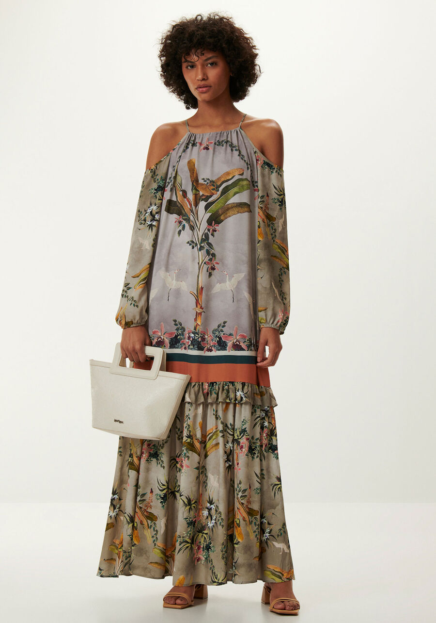 Vestido Longo Manga Longa com Recorte Ombros, RETRATO. Vestido Longo Manga Longa com Recorte Ombros, RETRATO, large.